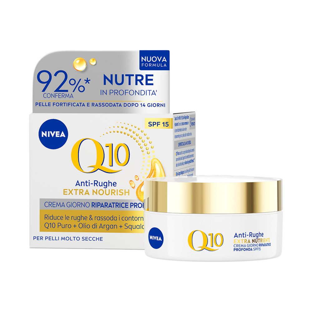 Nivea Q10 Anti-Rughe Extra Nutriente Crema Giorno Riparatrice SPF 15 50 ml, Crema viso antirughe
