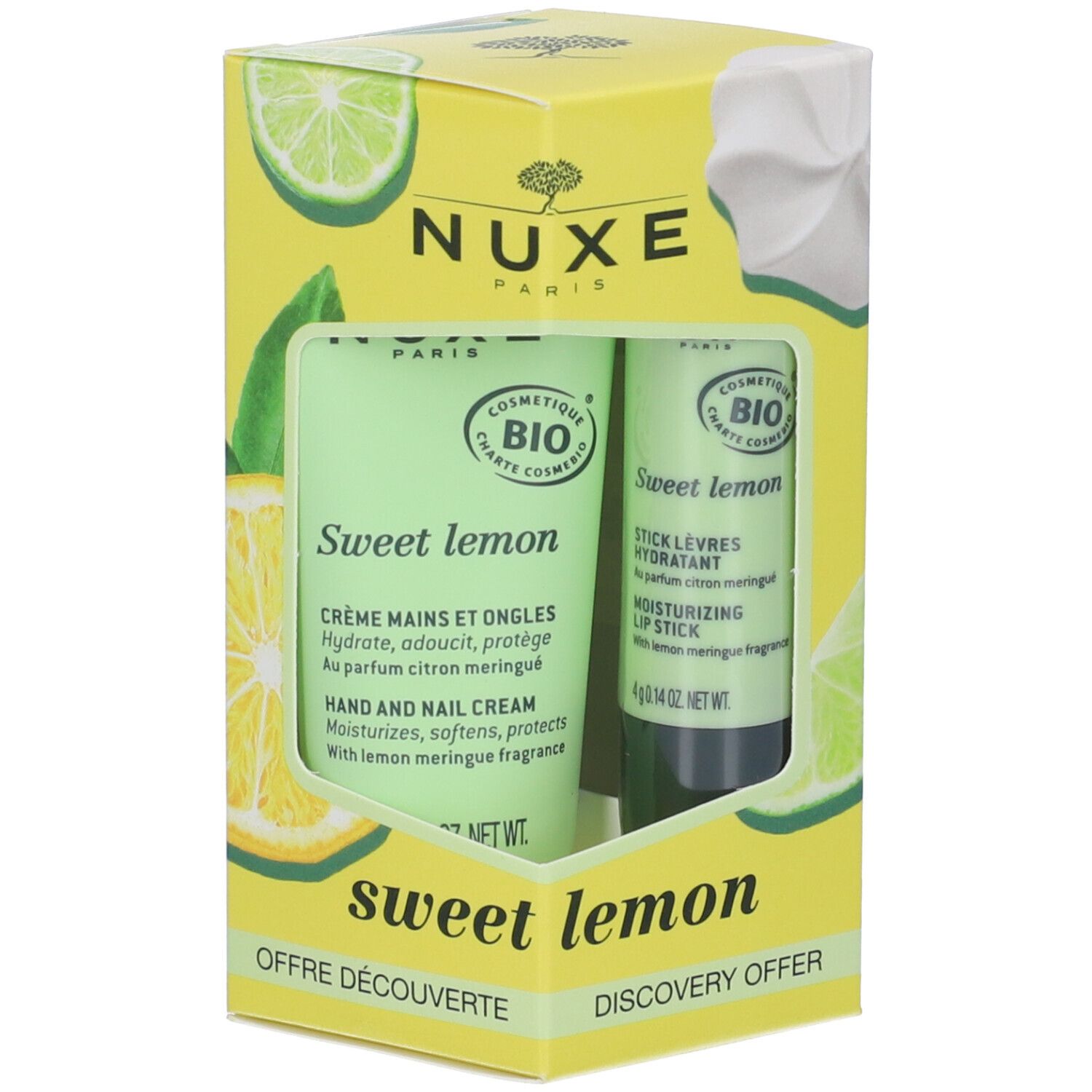 Set regalo con crema mani/unghie e stick labbra. Tubi verdi, confezione gialla con motivo limone. Logo "Nuxe".