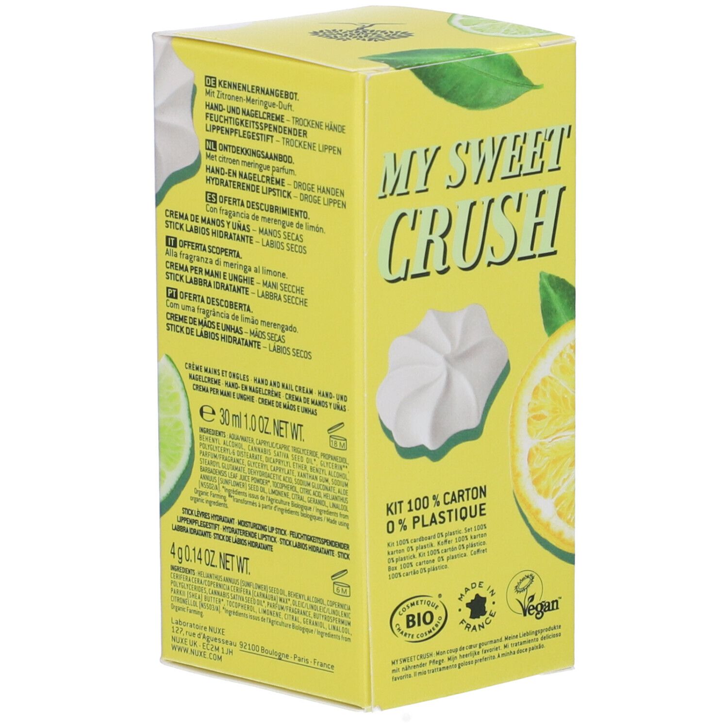 Confezione gialla con testo e motivo limone. Contiene crema mani/unghie e stick labbra. Scritta "My Sweet Crush".