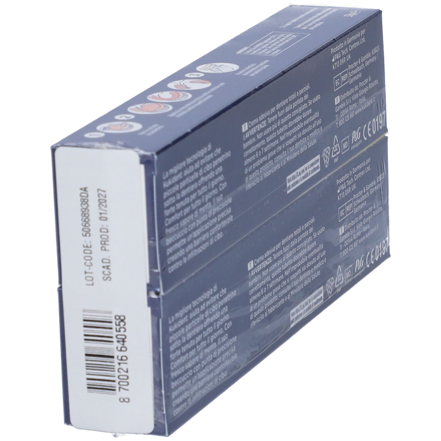 Rückseite des Doppelpacks Kukident Ultimate. Text in italienischer Sprache. Barcode. CE-Kennzeichnung.
