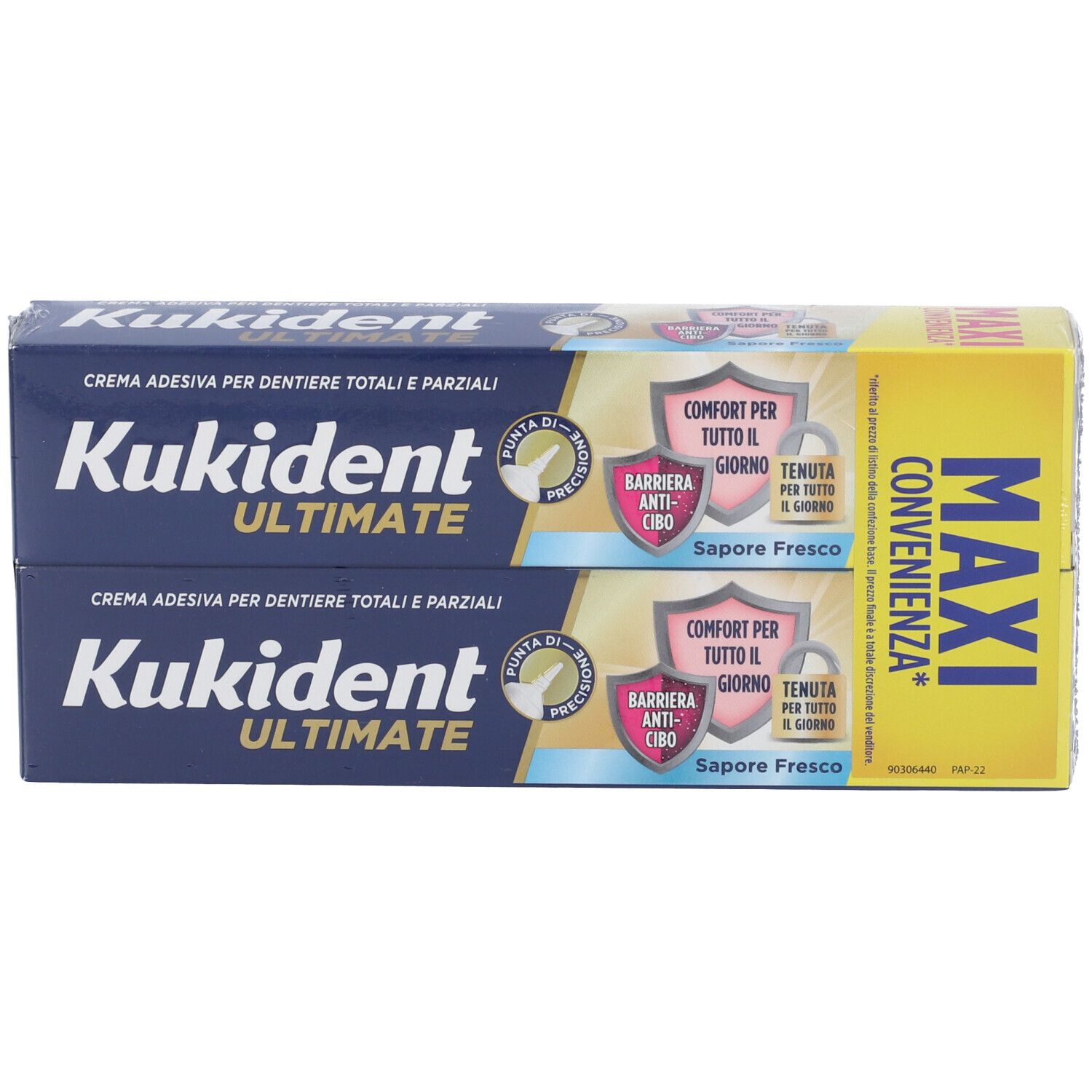 Doppelpack Kukident Ultimate. Blaue und gelbe Verpackung. Schriftzug: Kukident Ultimate, Barriera Anti-cibo, Sapore Fresco.