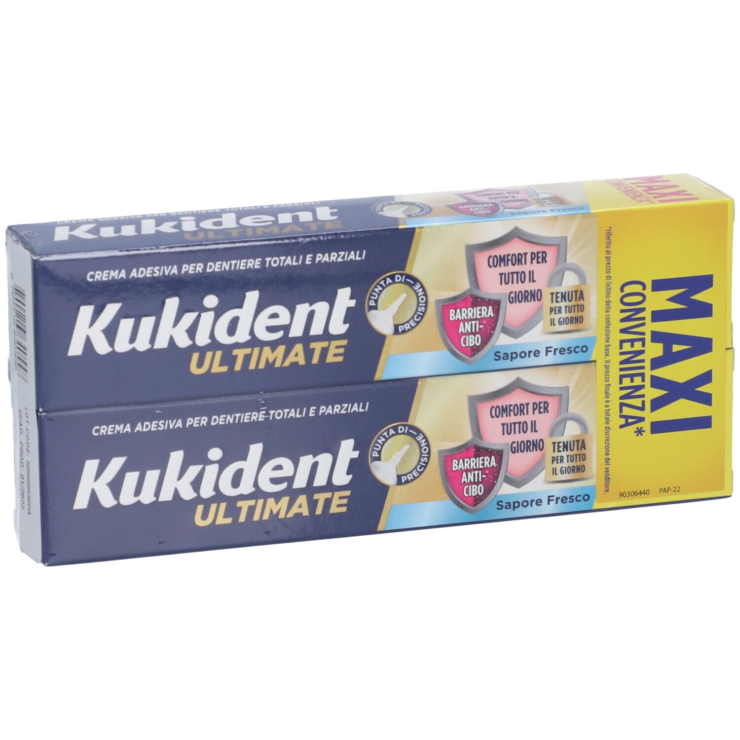 Doppelpack Kukident Ultimate. Blaue und gelbe Verpackung. Schriftzug: Kukident Ultimate, Barriera Anti-cibo, Sapore Fresco.