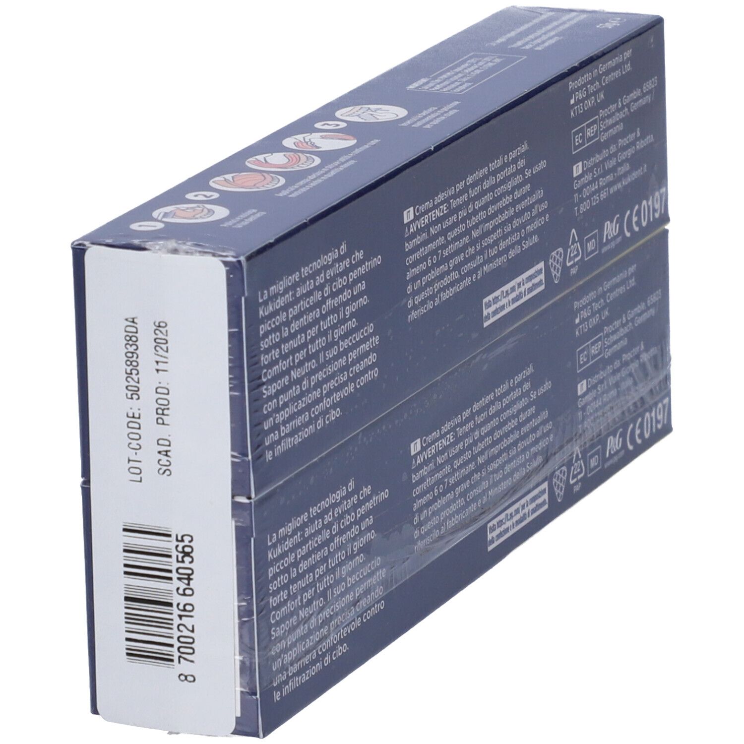 Kukident Ultimate Doppelpackung. Seitliche Ansicht. Text und Barcode. CE-Kennzeichnung.