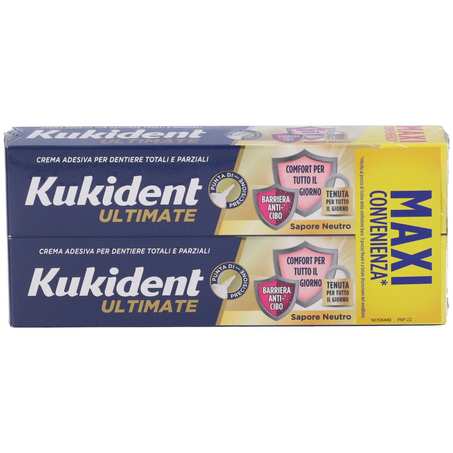 Kukident Ultimate Doppelpackung. Blaue und gelbe Verpackung. Text: 'Crema adesiva per dentiere'.