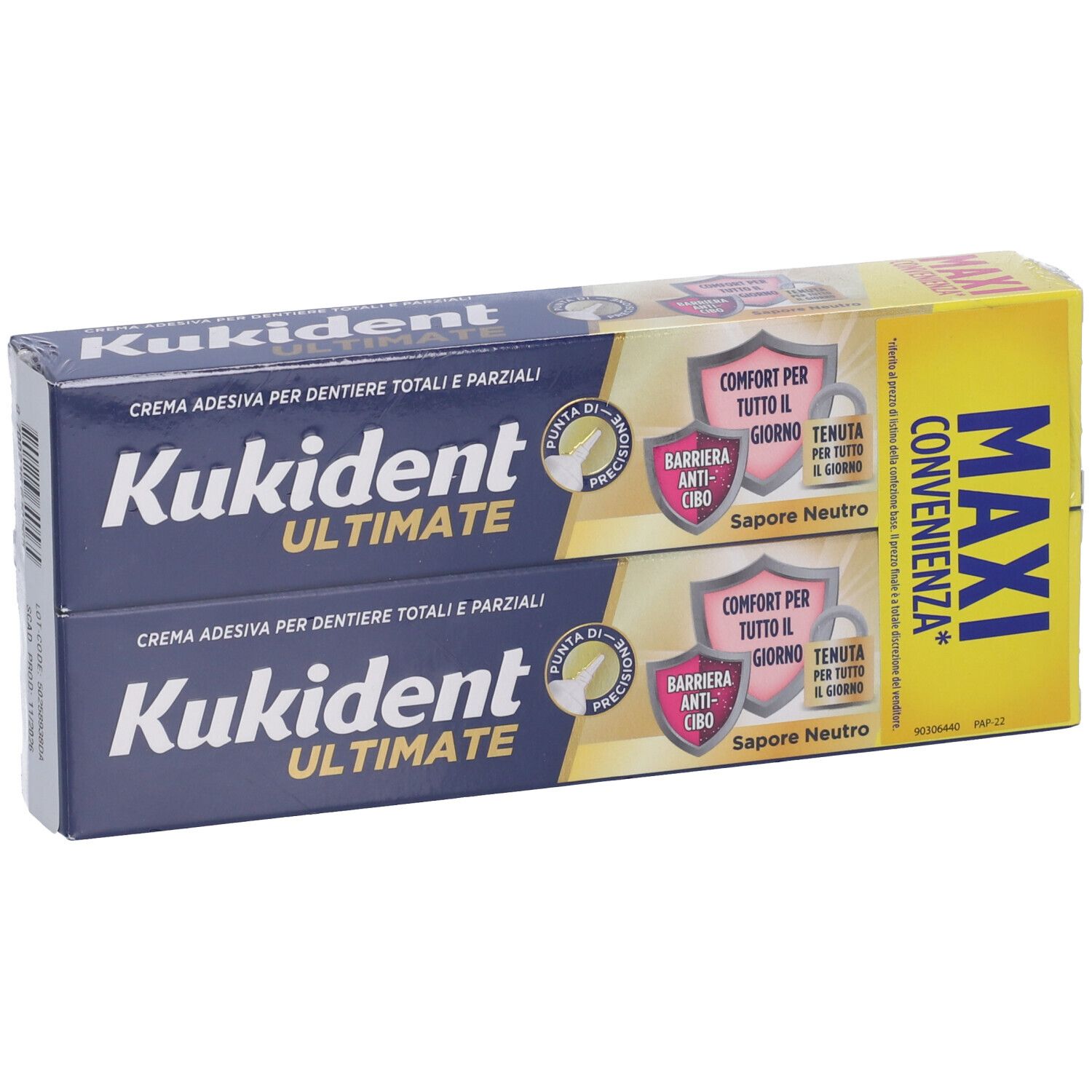 Kukident Ultimate Doppelpackung. Blaue und gelbe Verpackung. Text: 'Crema adesiva per dentiere'.