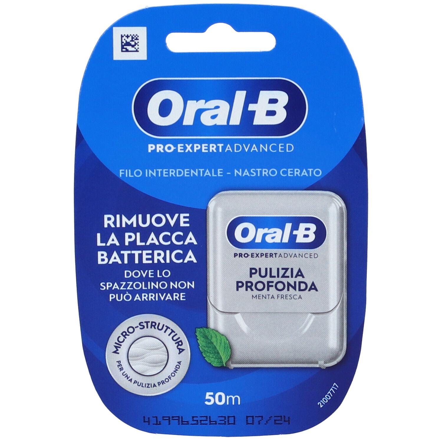 Confezione blister di filo interdentale Oral-B Pro-Expert Advanced. Testo: Pulizia Profonda, 50m, micro-struttura.