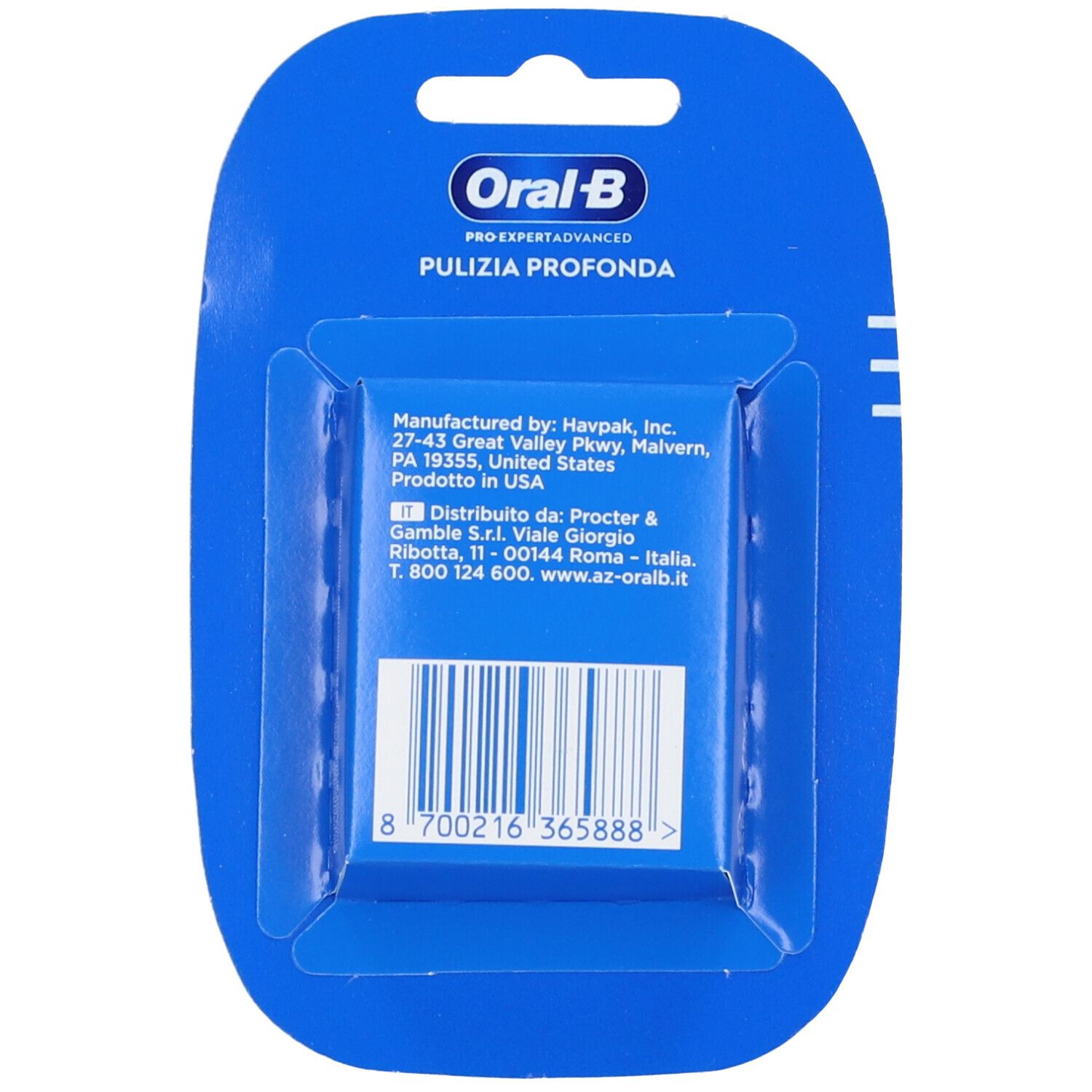 Retro della confezione blister. Testo: Oral-B, Pulizia Profonda. Codice a barre e informazioni produttore.
