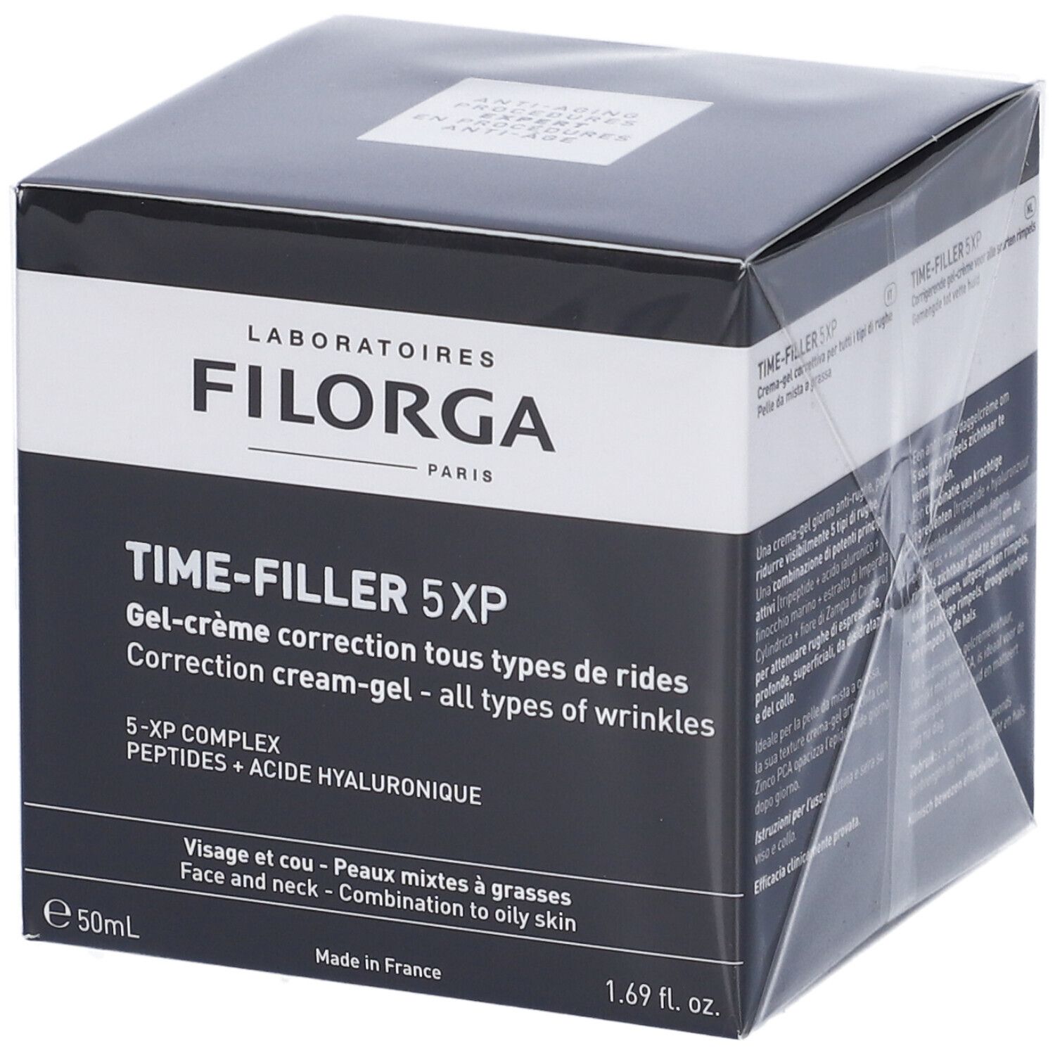 Scatola nera con informazioni sul prodotto. Scritta: FILORGA PARIS, TIME-FILLER 5XP, Gel-crema. Per pelli miste.
