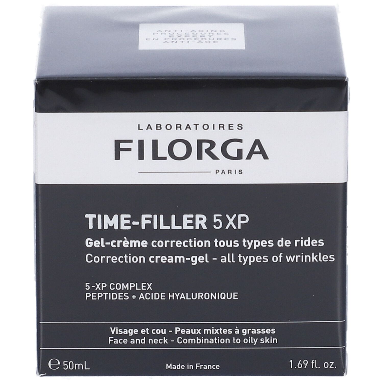 Scatola nera con testo bianco. Scritta: FILORGA PARIS, TIME-FILLER 5XP, Gel-crema. Per pelli miste.