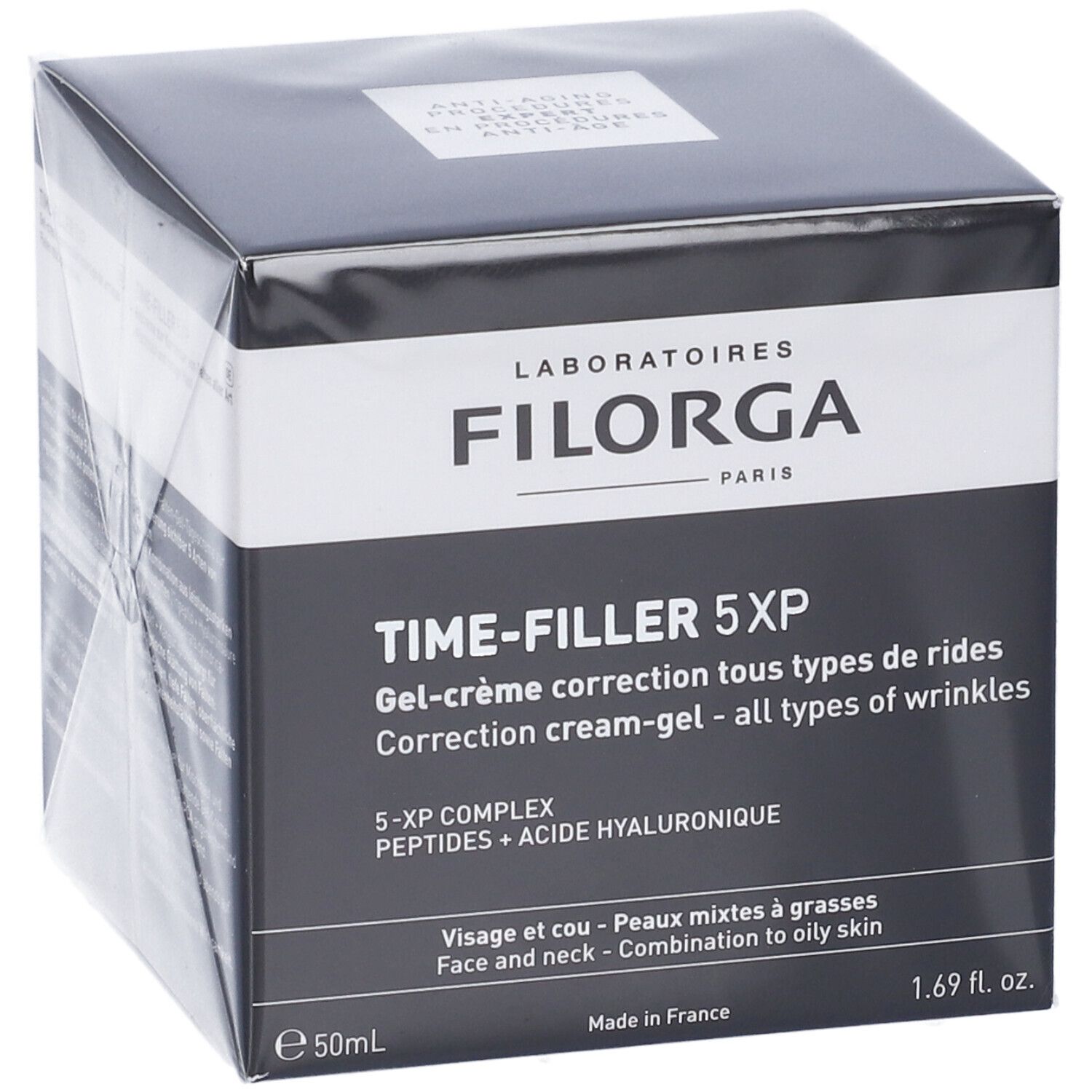 Scatola nera con testo bianco. Scritta: FILORGA PARIS, TIME-FILLER 5XP, Gel-crema. Per pelli miste.