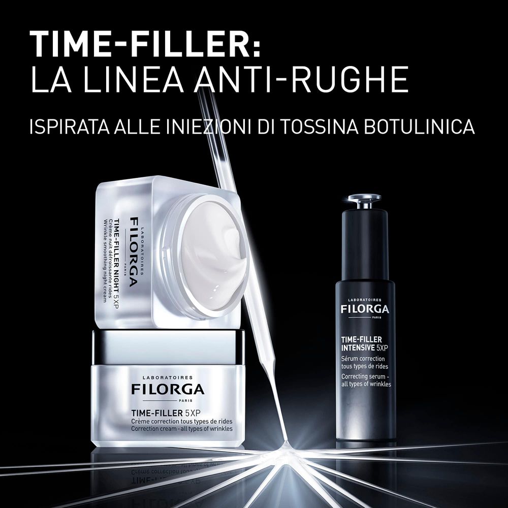 Drei Produkte: Creme, Serum und Creme. Text: FILORGA, TIME-FILLER. Weiße Creme. Schwarzer Hintergrund.