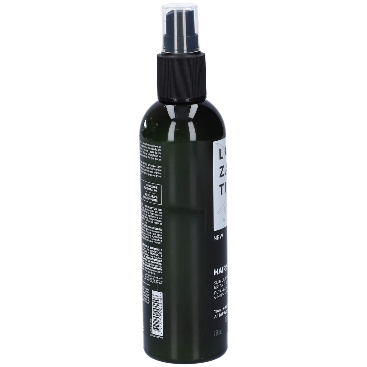 Grüne Haarspray-Flasche, seitliche Ansicht. Aufschrift: LAZARTIGUE, HAIR STYLING. Mit Text.