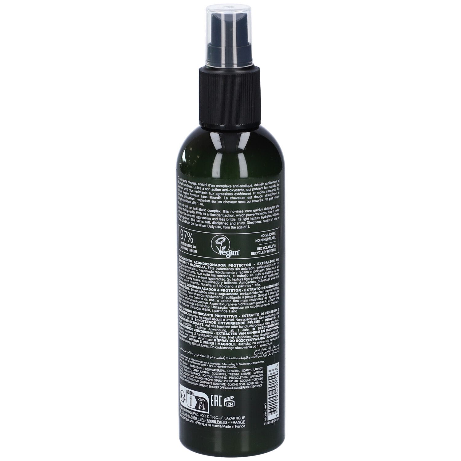 Grüne Haarspray-Flasche, Rückansicht. Aufschrift: LAZARTIGUE, HAIR STYLING. Mit Text und Logo.