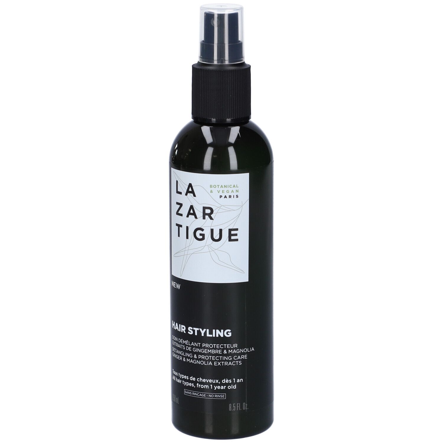 Haarspray-Flasche, schwarz und grün. Aufschrift: LAZARTIGUE, HAIR STYLING. Mit Sprühkopf.