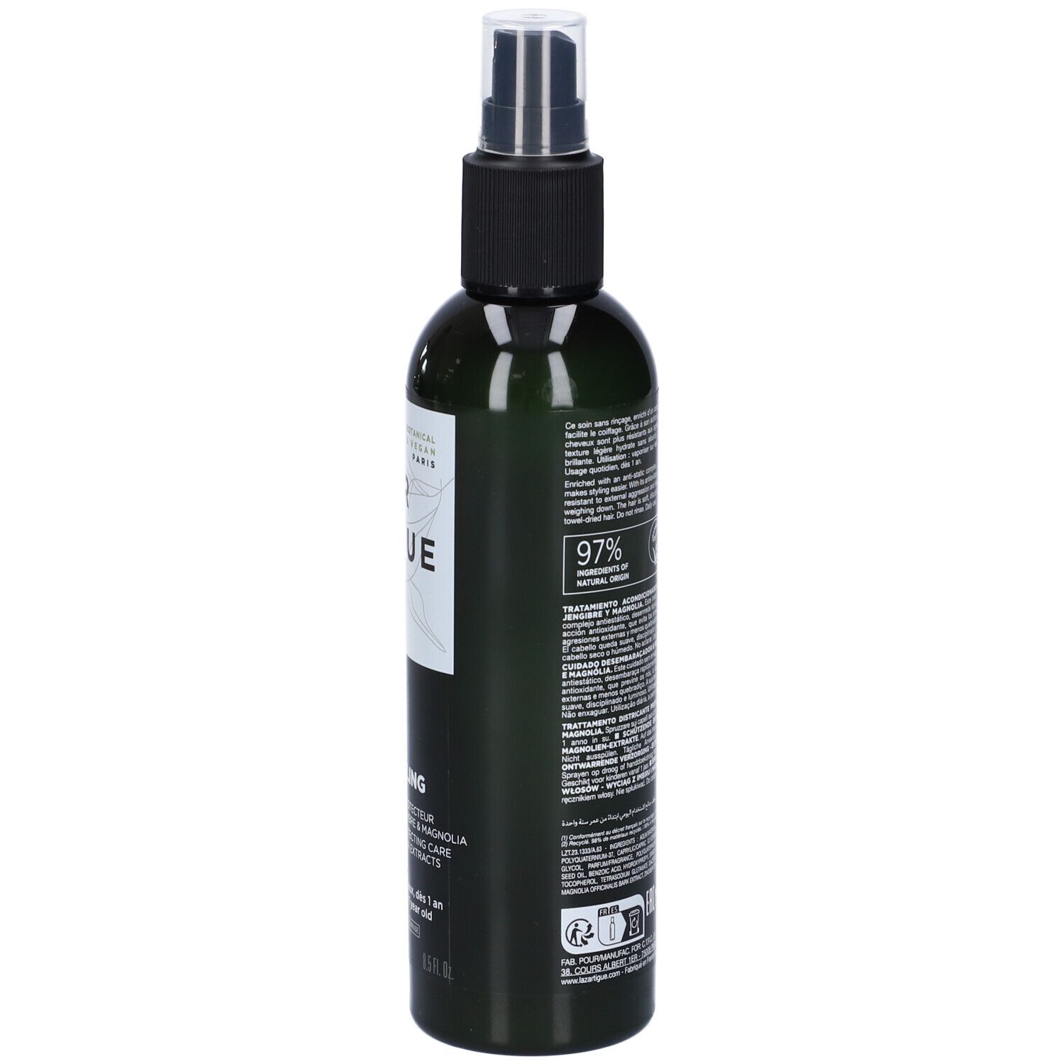 Grüne Haarspray-Flasche, Rückansicht. Aufschrift: LAZARTIGUE, HAIR STYLING. Mit Text und Logo.