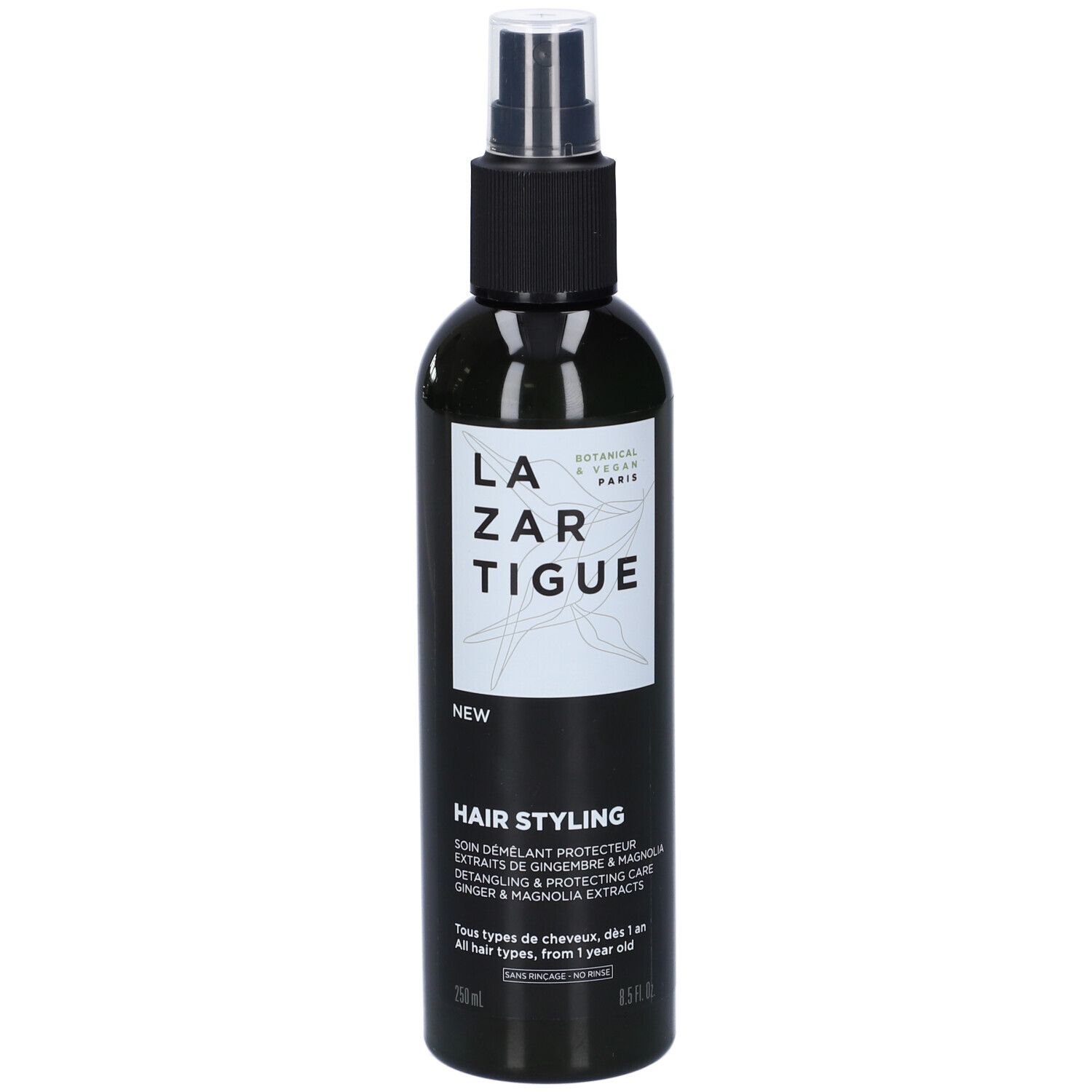 Haarspray-Flasche, schwarz und grün. Aufschrift: LAZARTIGUE, HAIR STYLING. Mit Sprühkopf.