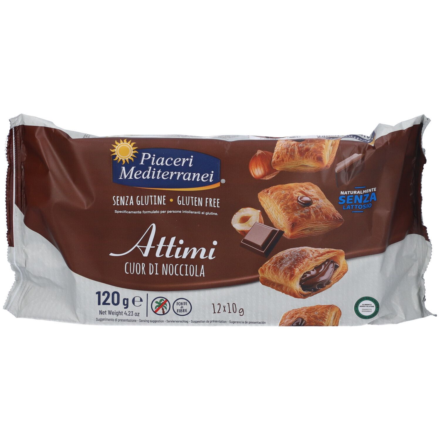 Verpackung Blätterteiggebäck. Braune Verpackung mit Produktabbildung und Schriftzug "Attimi Cuor di Nocciola".