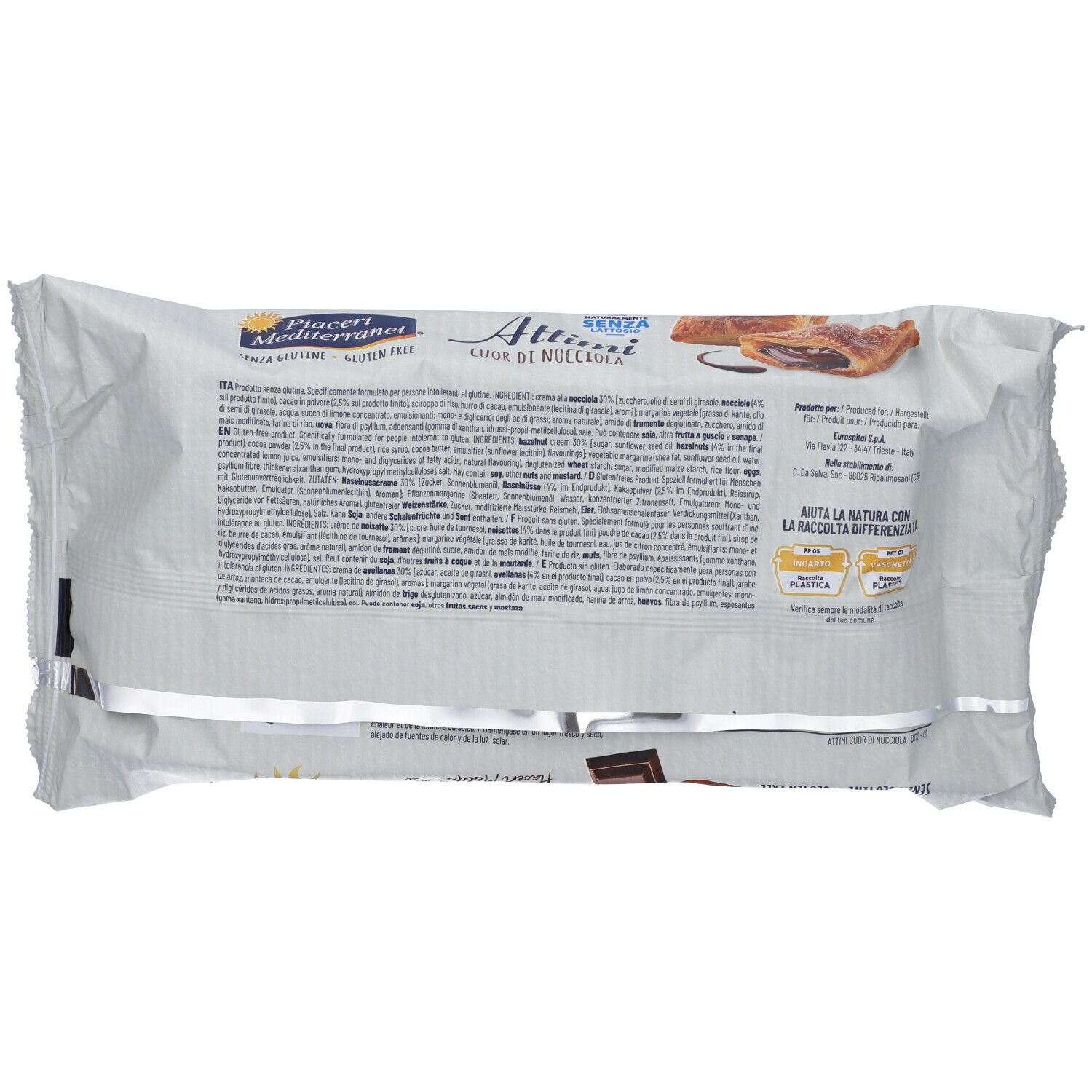 Rückseite der Verpackung Blätterteiggebäck. Weiße Verpackung mit Text und Nährwertangaben.