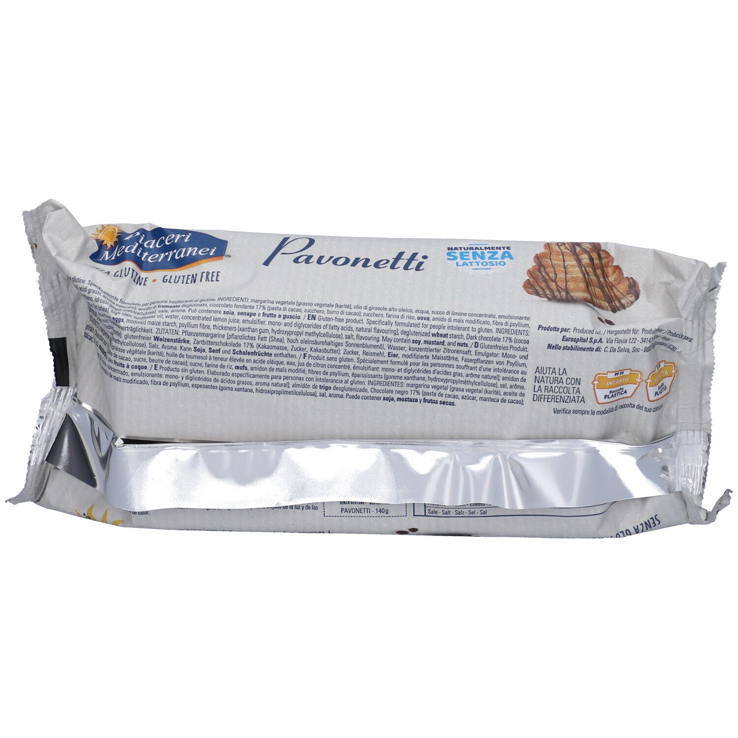 Rückseite einer Verpackung mit glutenfreien Pavonetti-Keksen, 140g, mit Schokoladenglasur.