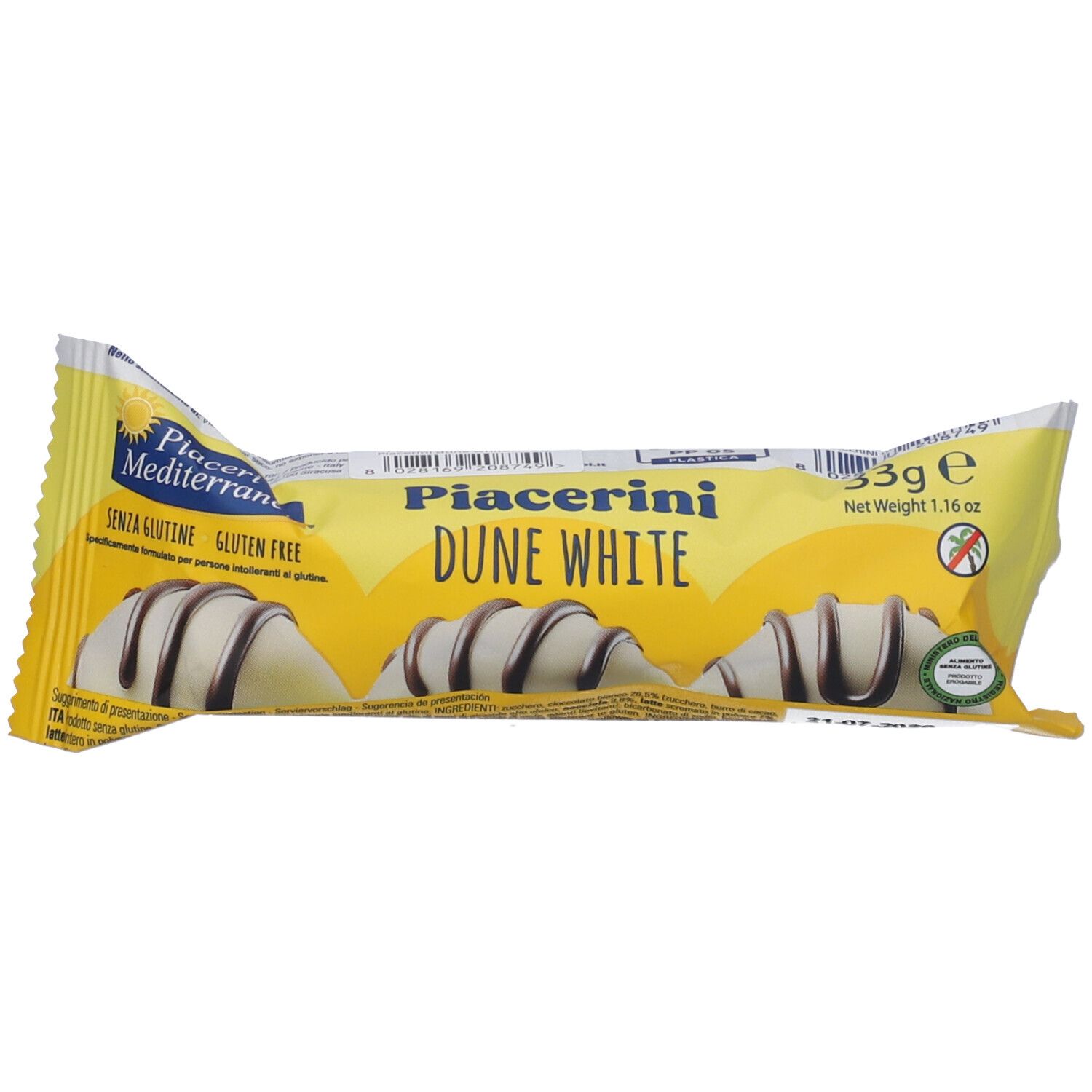Verpackung mit Piacerini Dune White. Gelb-weiße Folie mit Produktnamen und Logo. Drei Gebäckstücke mit Schokostreifen.