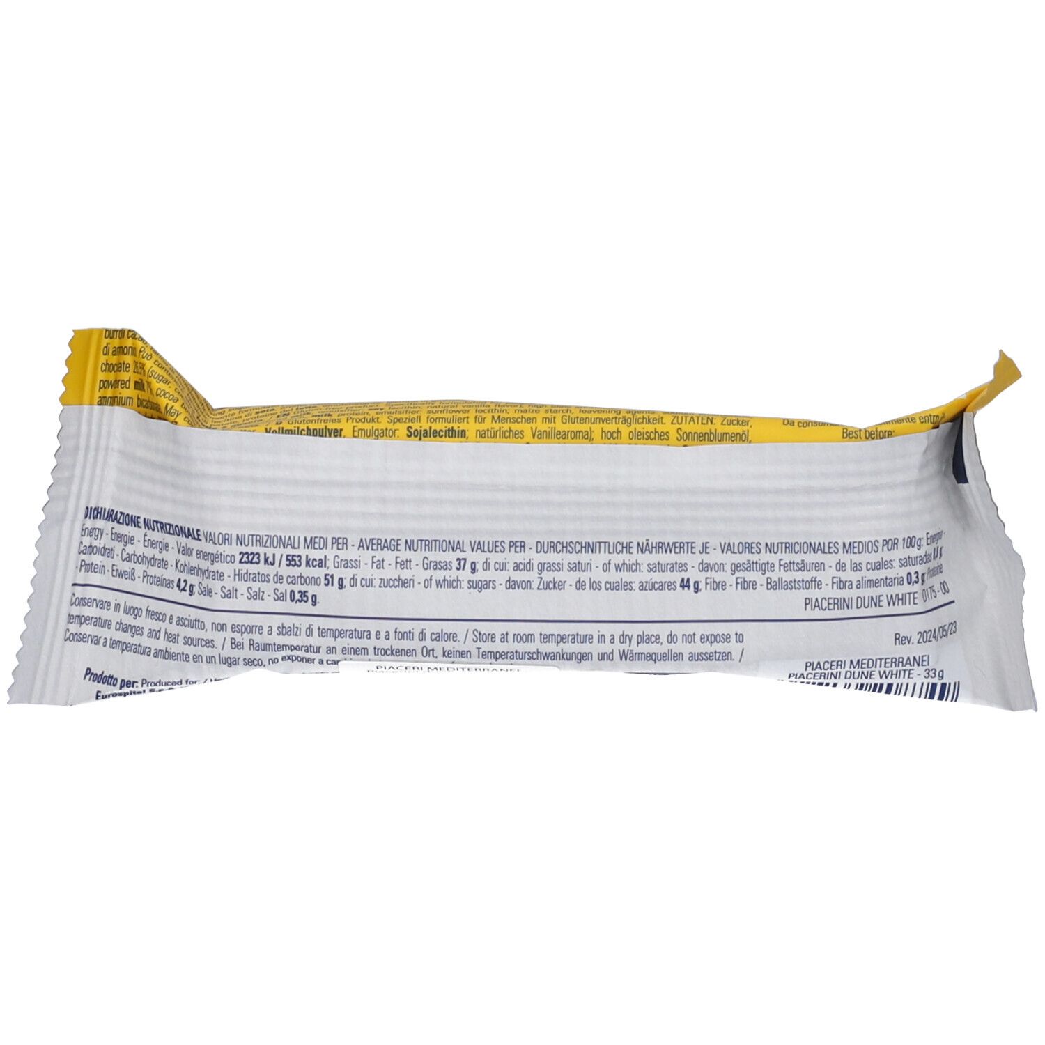 Rückseite der Piacerini Dune White Verpackung. Text mit Nährwertangaben und Produktinformationen auf weißem Hintergrund.