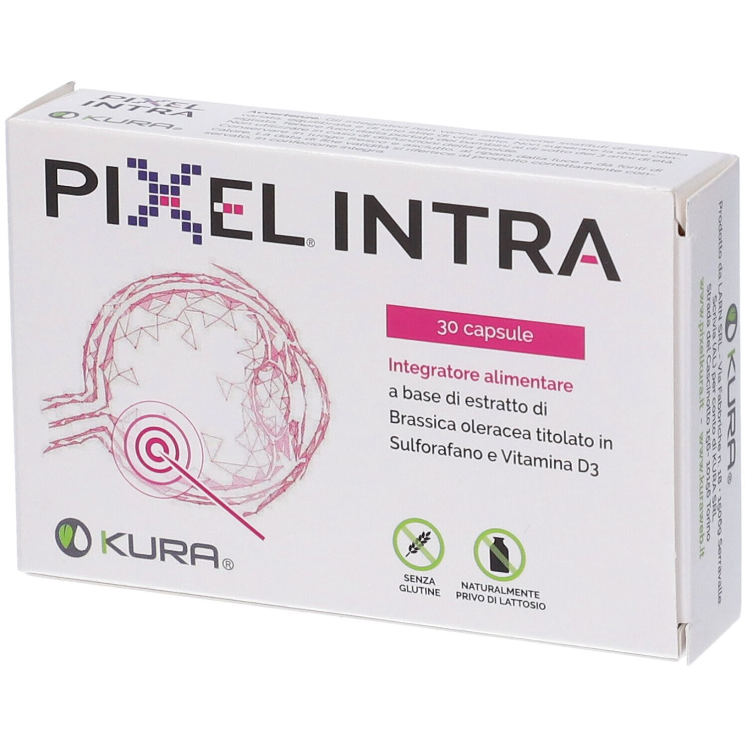 Scatola bianca con logo "PIXEL INTRA" e testo. Contiene 30 capsule. Logo KURA. Illustrazione di un occhio.