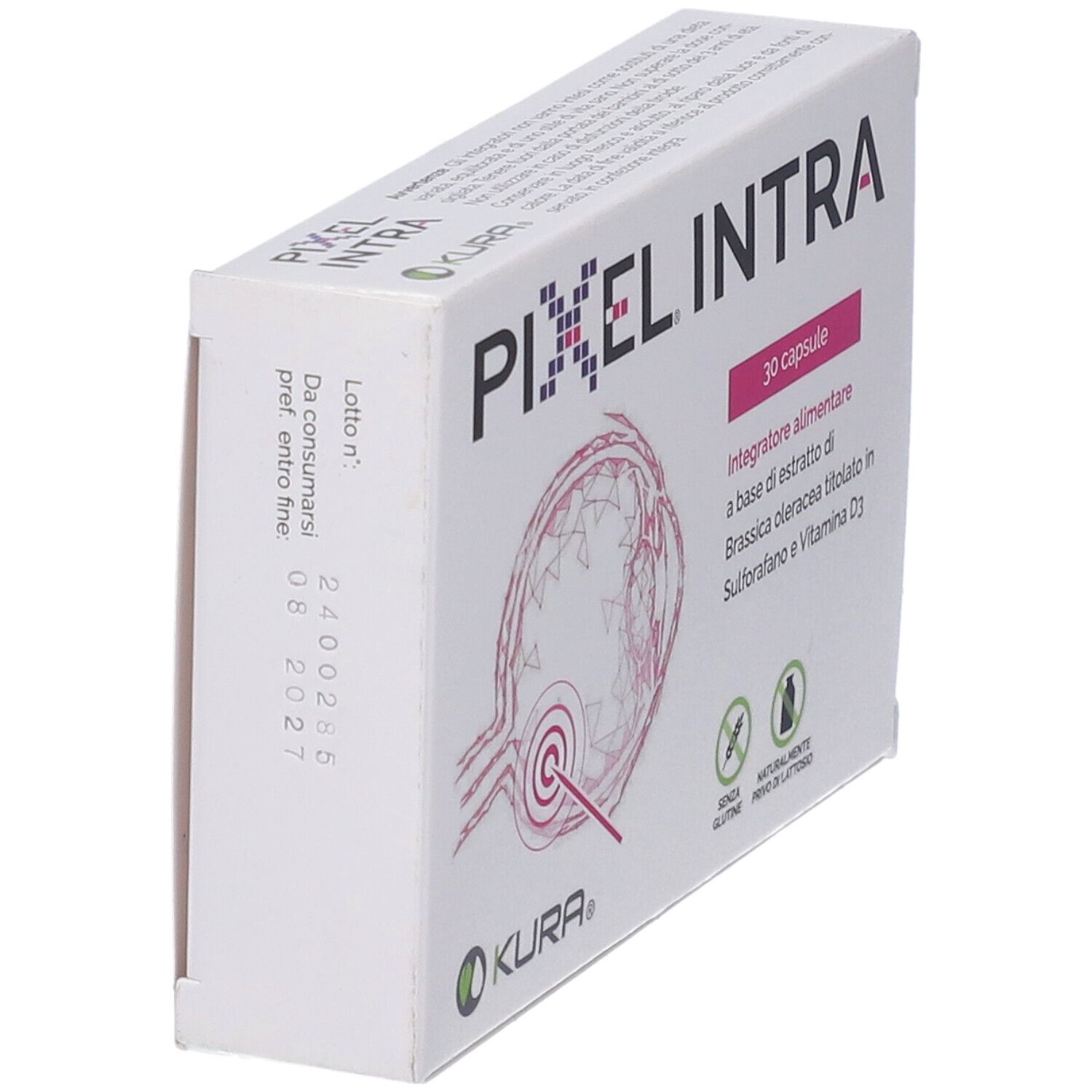 Scatola bianca con logo "PIXEL INTRA". Contiene 30 capsule. Logo KURA. Vista laterale.