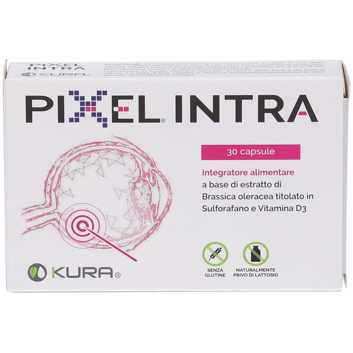 Scatola bianca con logo "PIXEL INTRA" e testo. Contiene 30 capsule. Logo KURA. Illustrazione di un occhio.