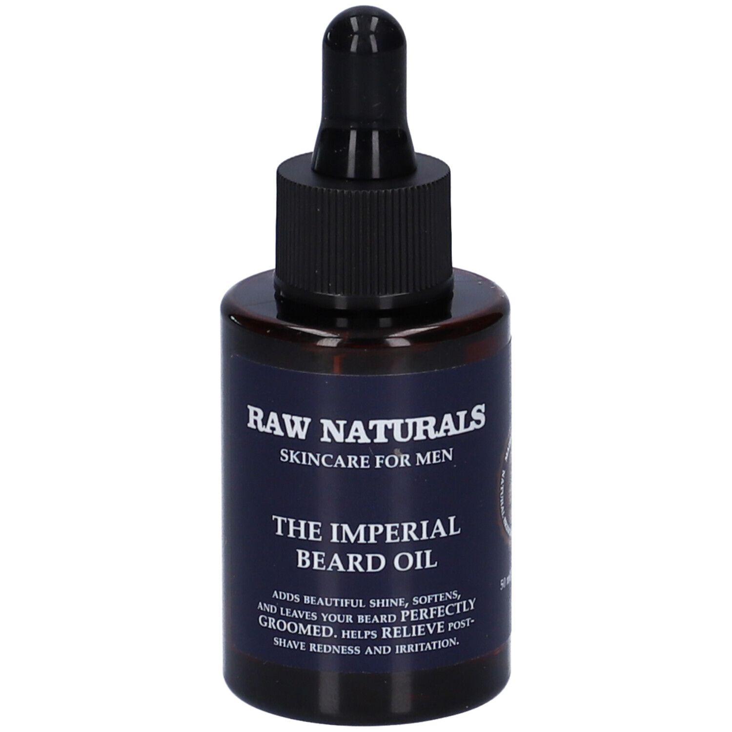 Flacone di vetro marrone con contagocce nero. Scritta: Raw Naturals, The Imperial Beard Oil.