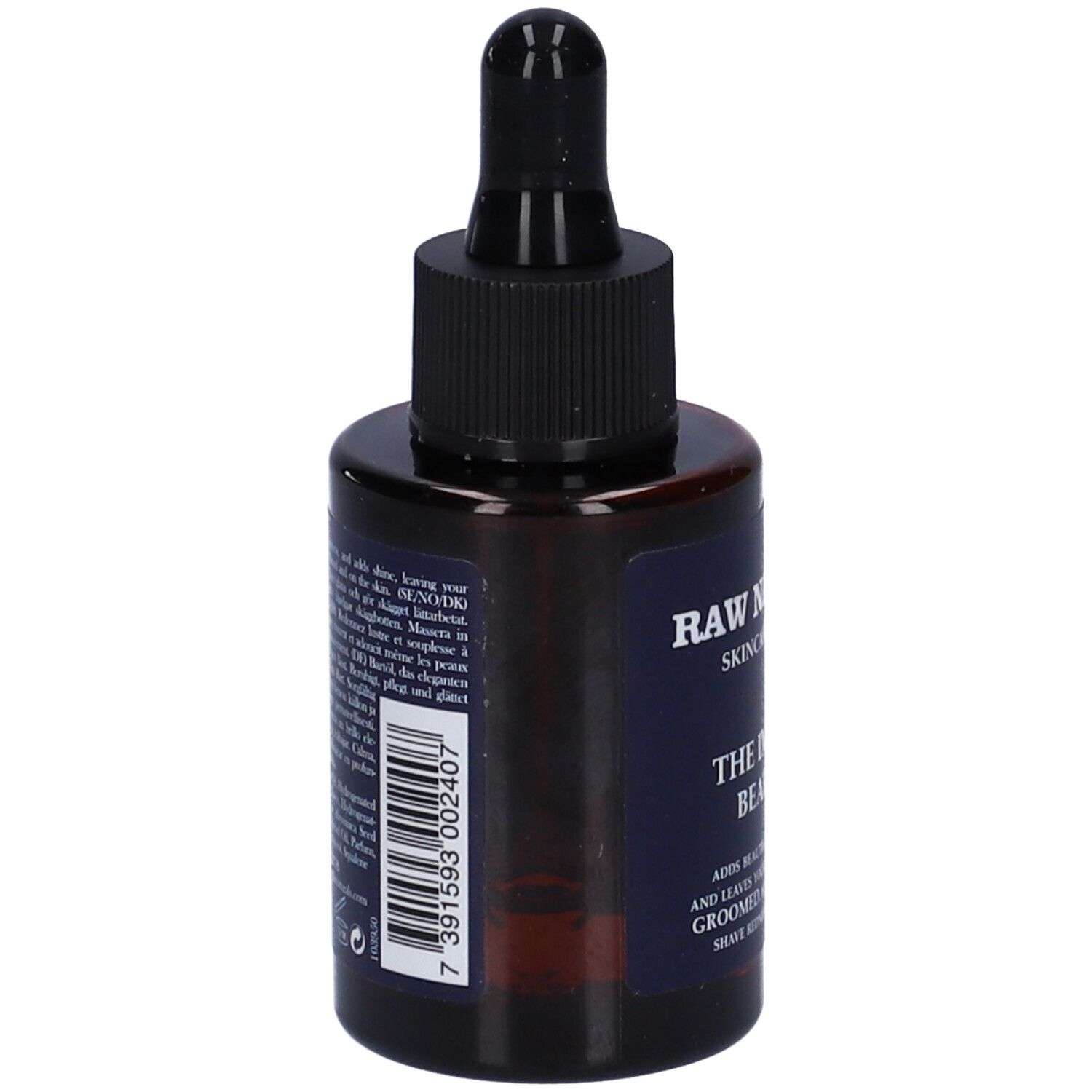 Flacone di vetro marrone con contagocce nero. Etichetta con testo e codice a barre. Raw Naturals.