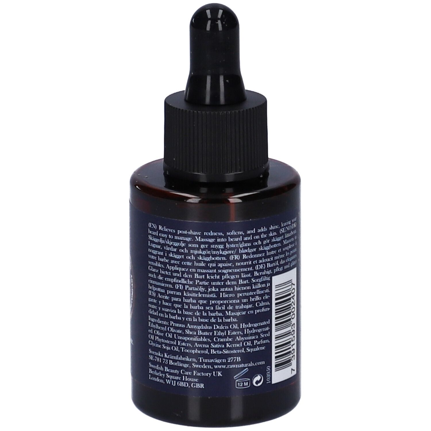 Flacone di vetro marrone con contagocce nero. Retro con testo. Raw Naturals.