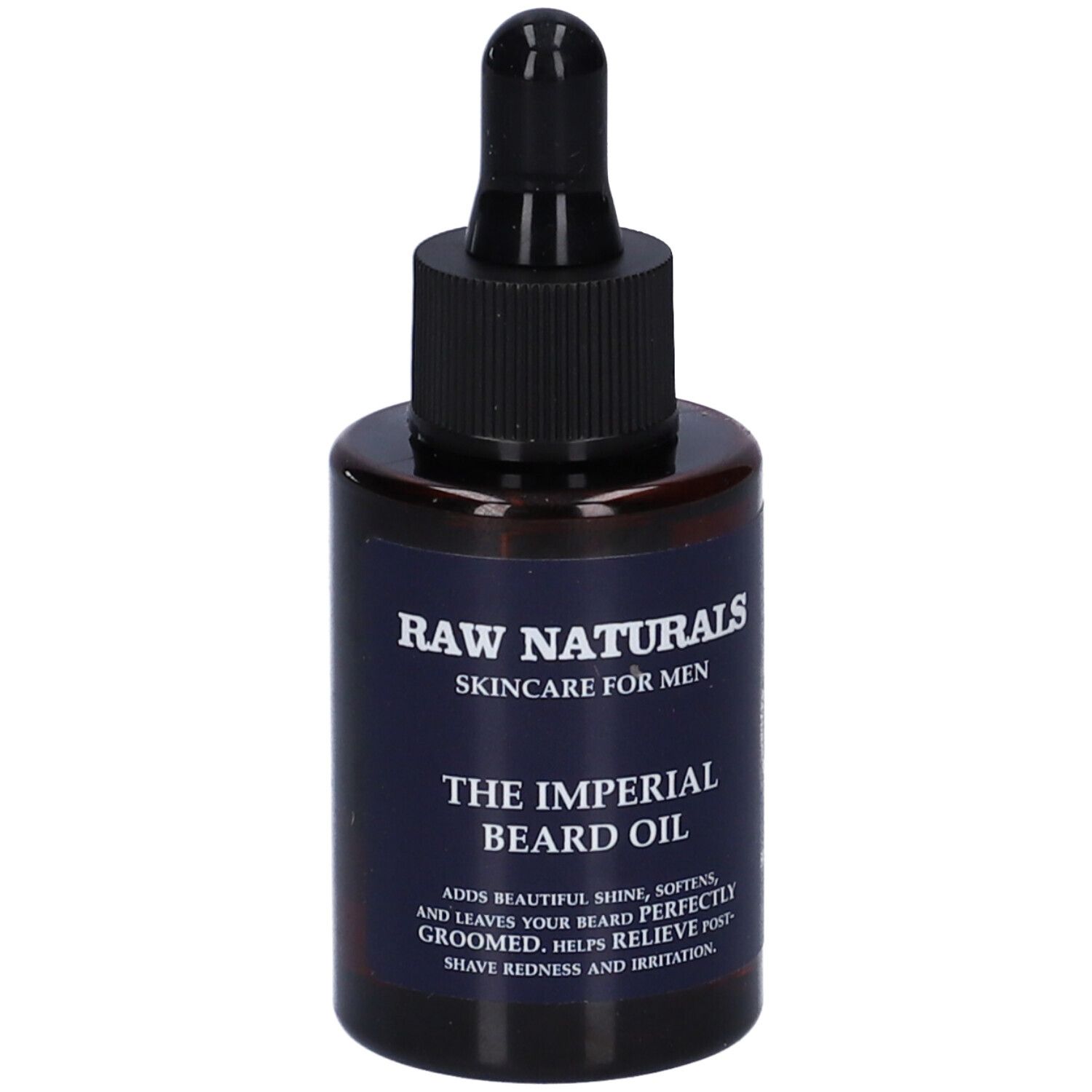 Flacone di vetro marrone con contagocce nero. Scritta: Raw Naturals, The Imperial Beard Oil.