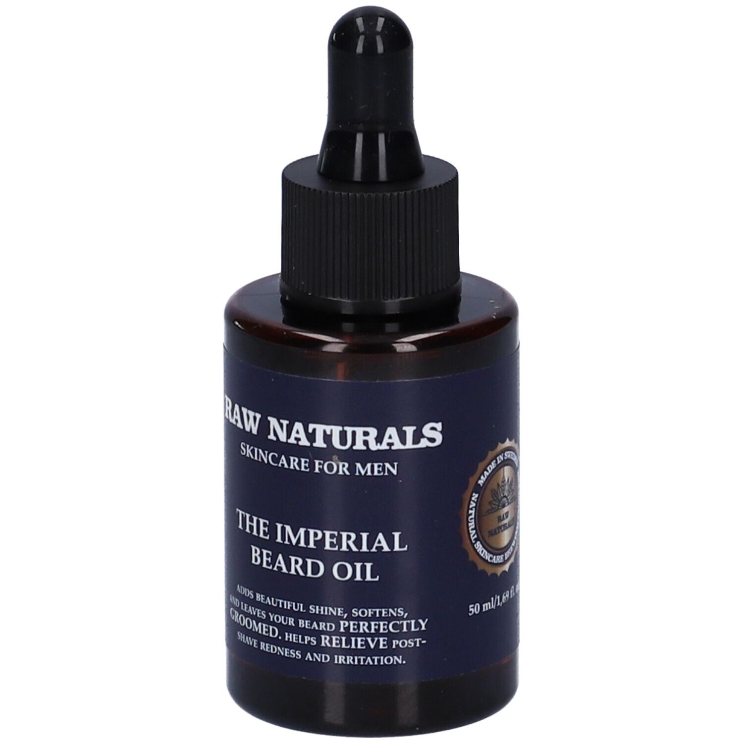Flacone di vetro marrone con contagocce nero. Scritta: Raw Naturals, The Imperial Beard Oil, 50 ml.