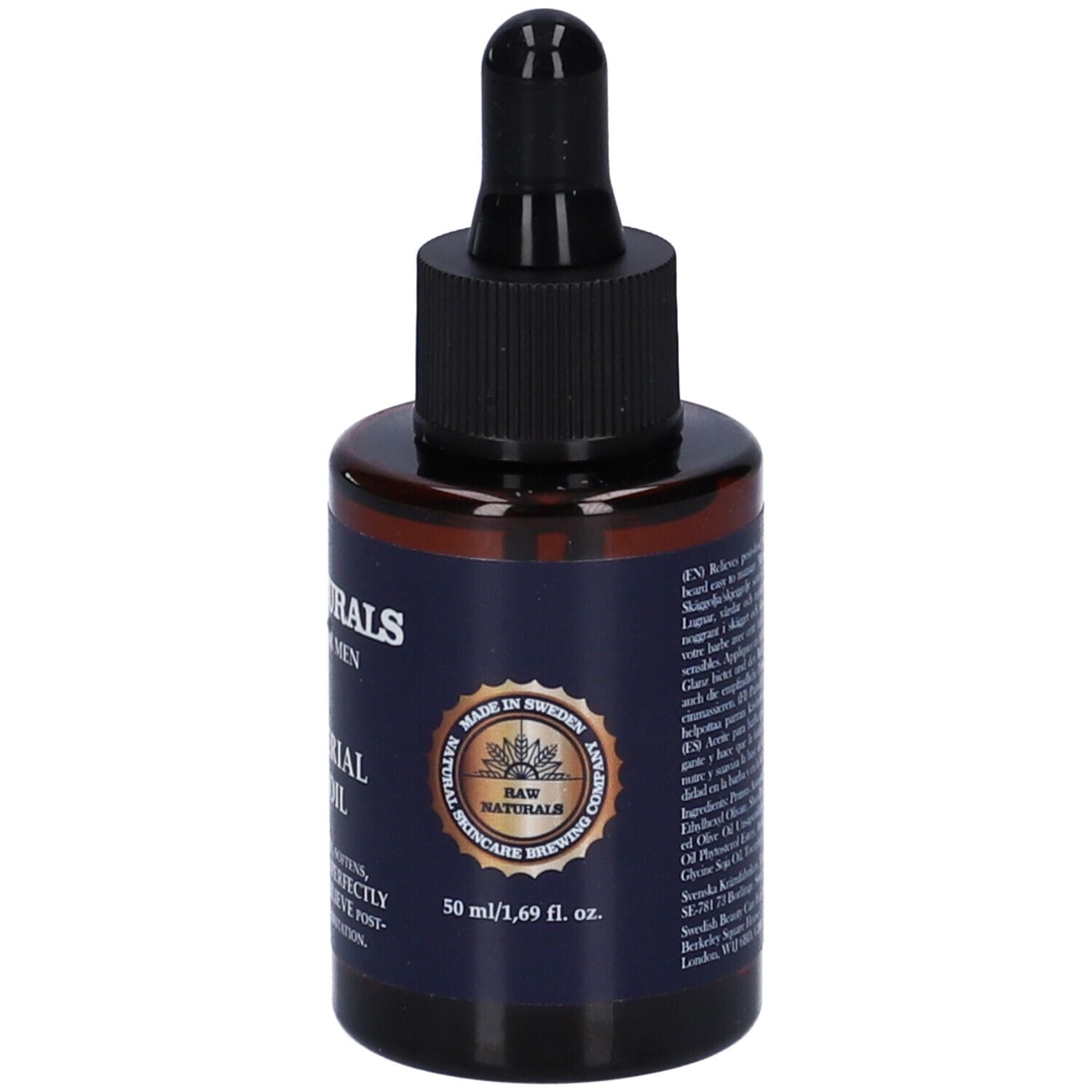 Flacone di vetro marrone con contagocce nero. Scritta: Raw Naturals, The Imperial Beard Oil, 50 ml/1,69 fl. oz.