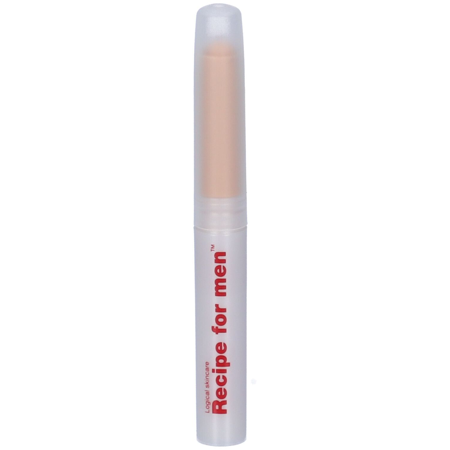 Correttore beige, involucro trasparente. Scritta rossa: Recipe for men.