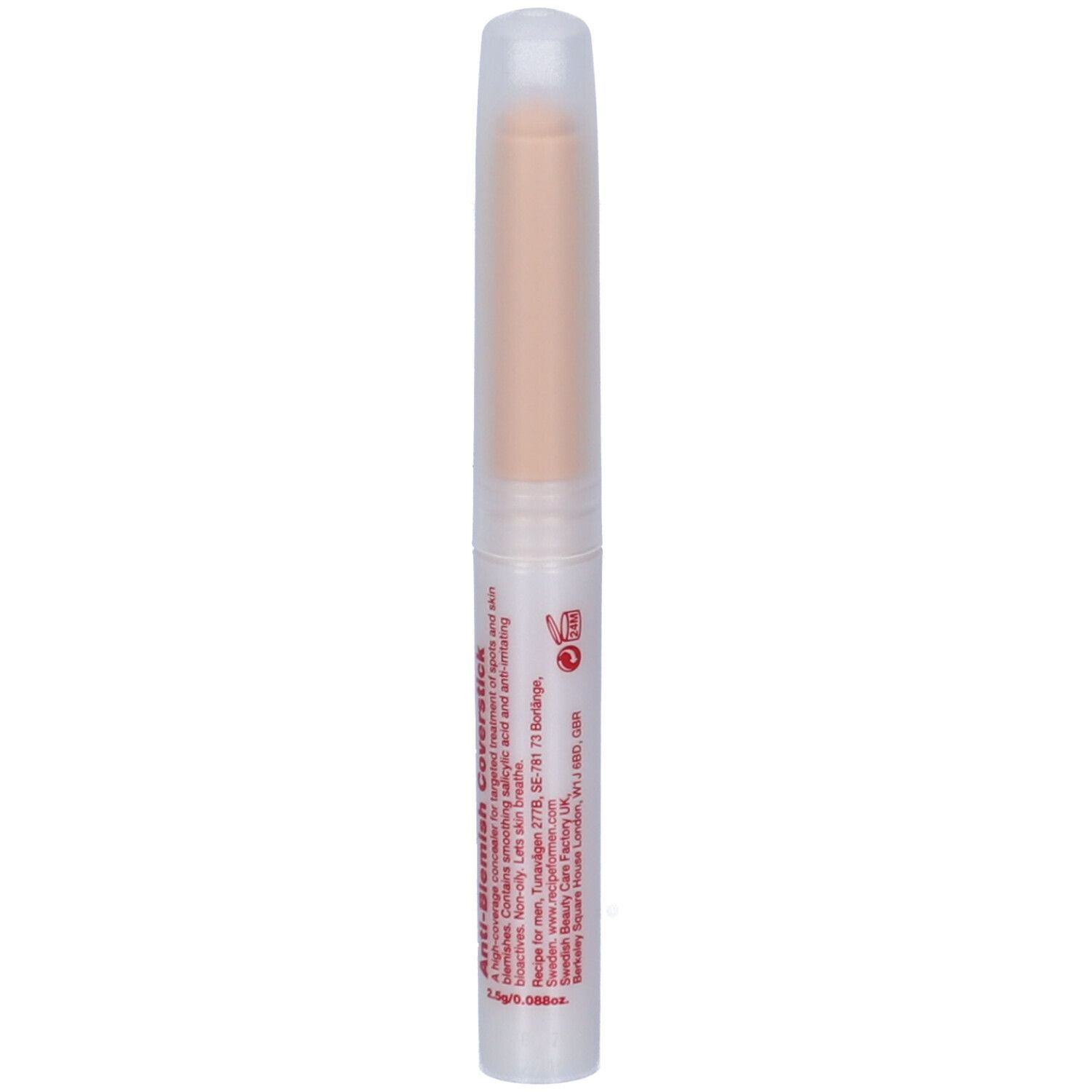 Correttore beige, involucro trasparente. Scritta rossa: Recipe for men.