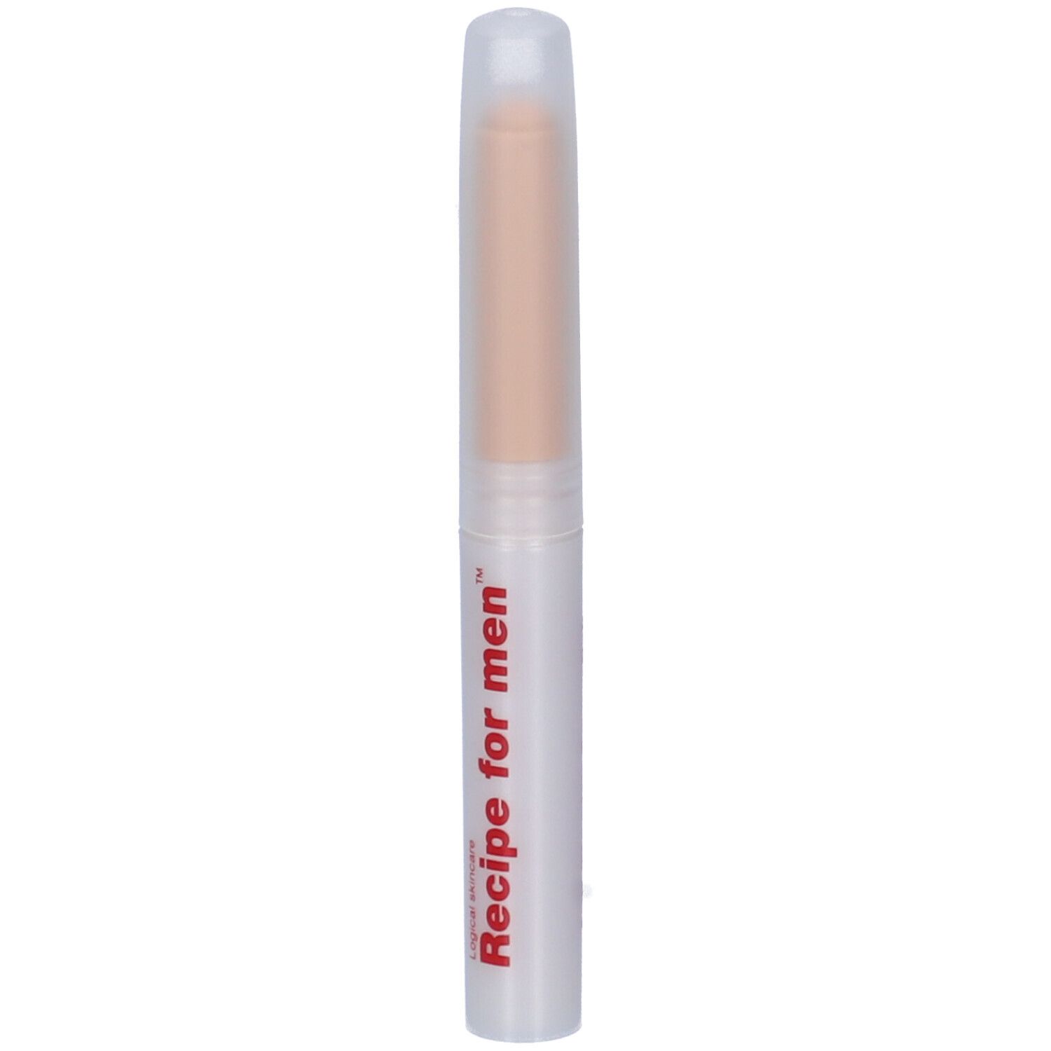 Correttore beige, involucro trasparente. Scritta rossa: Recipe for men.