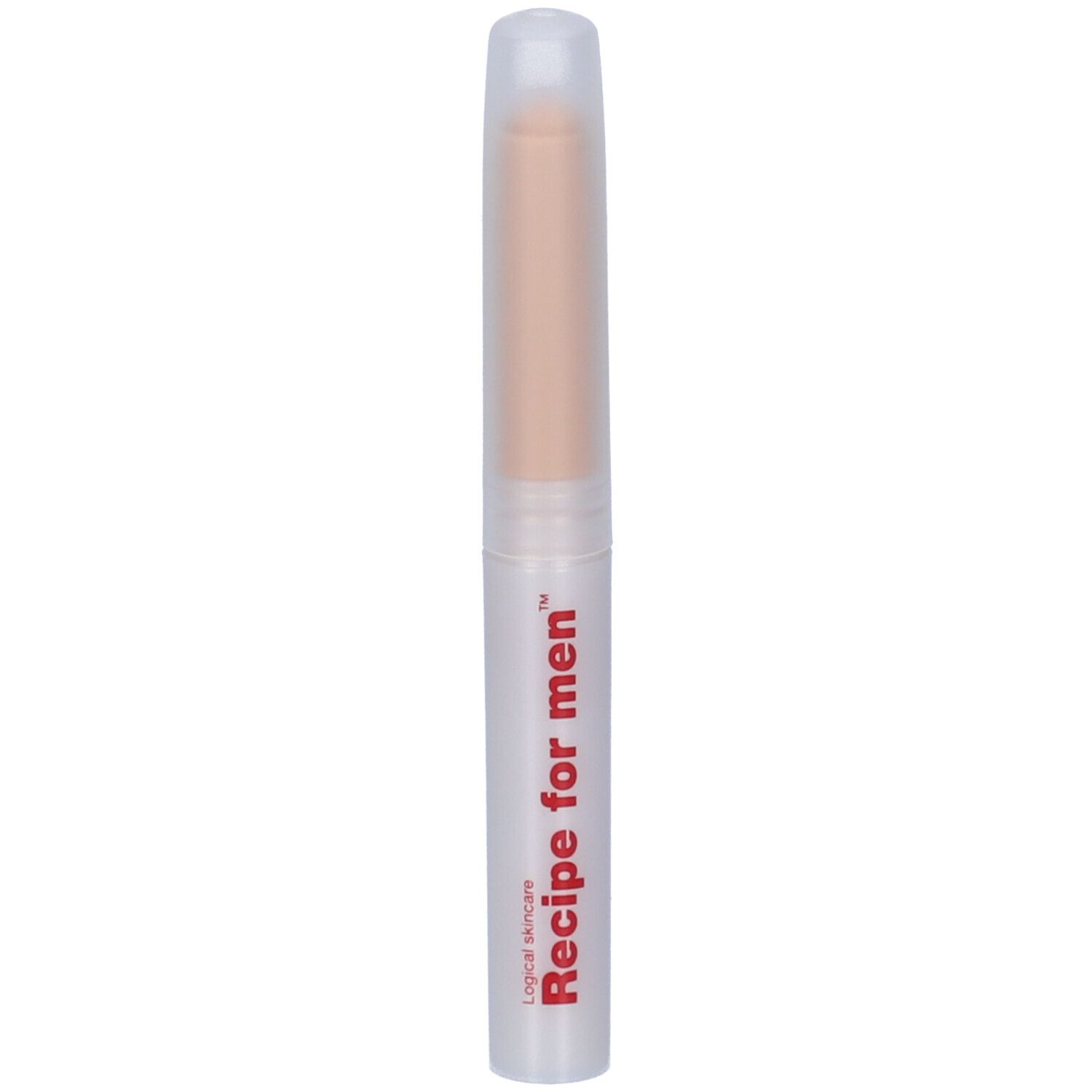 Correttore beige, involucro trasparente. Scritta rossa: Recipe for men.