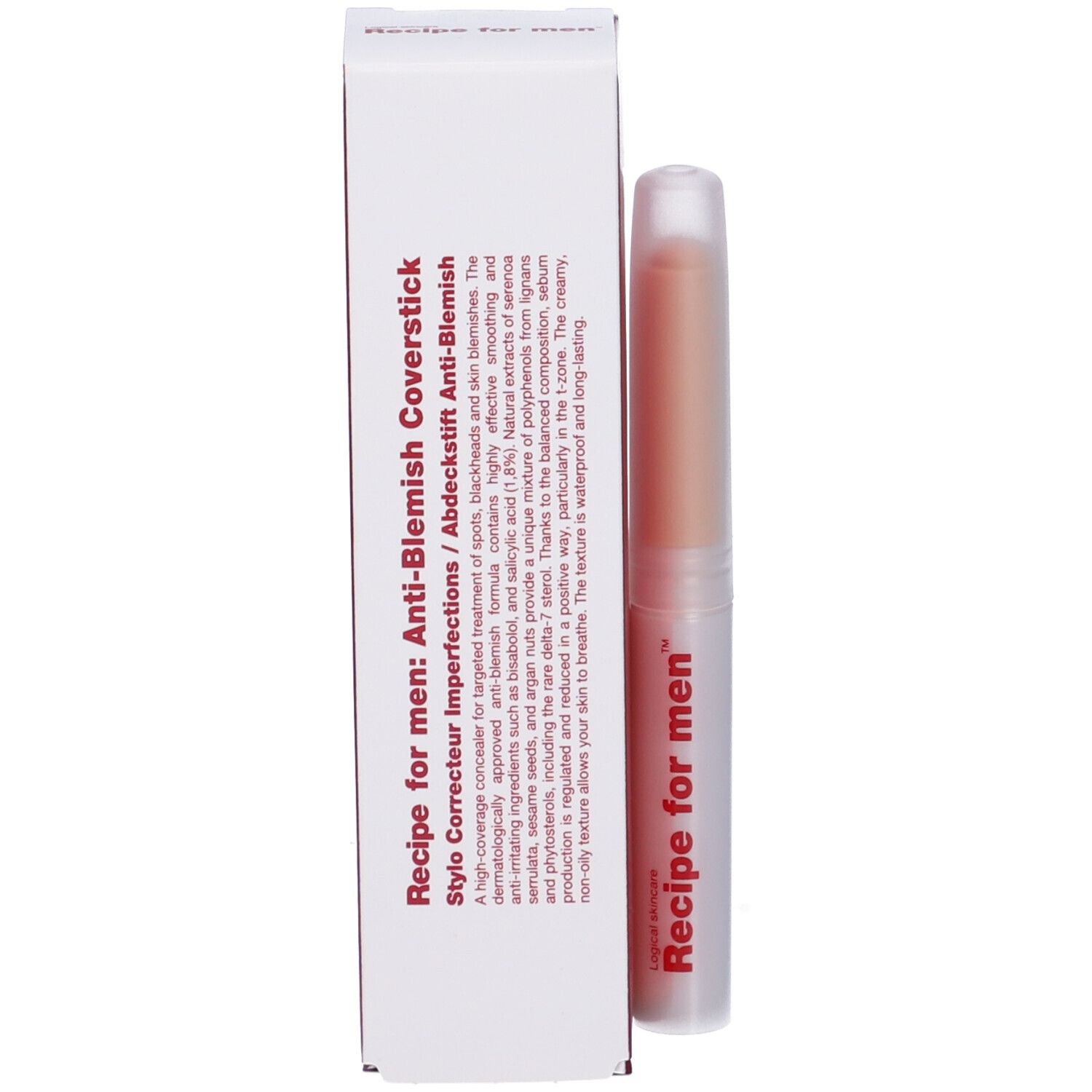 Confezione del prodotto con correttore. Testo: Recipe for men: Anti-Blemish Coverstick. Descrizione e ingredienti.