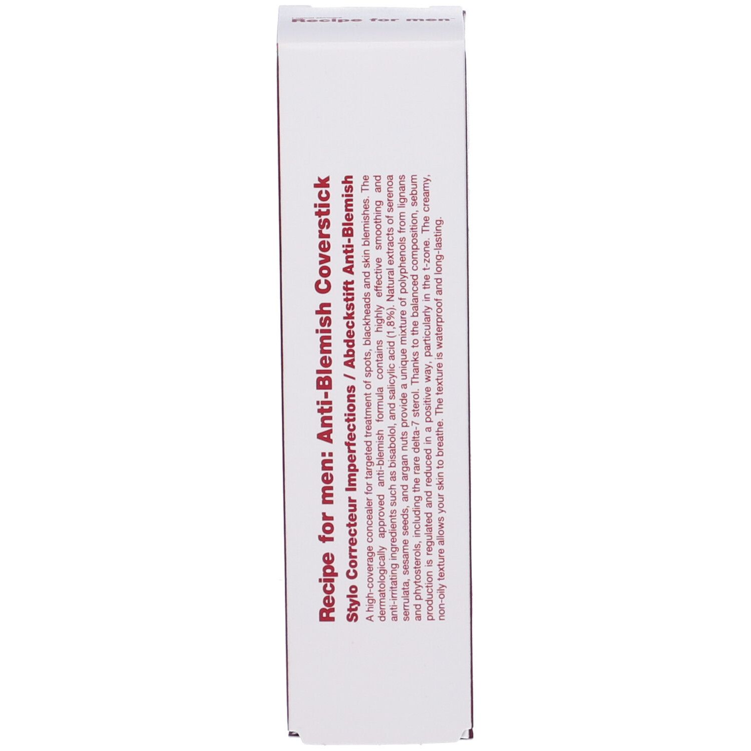 Confezione del prodotto con testo: Recipe for men: Anti-Blemish Coverstick. Descrizione e ingredienti.