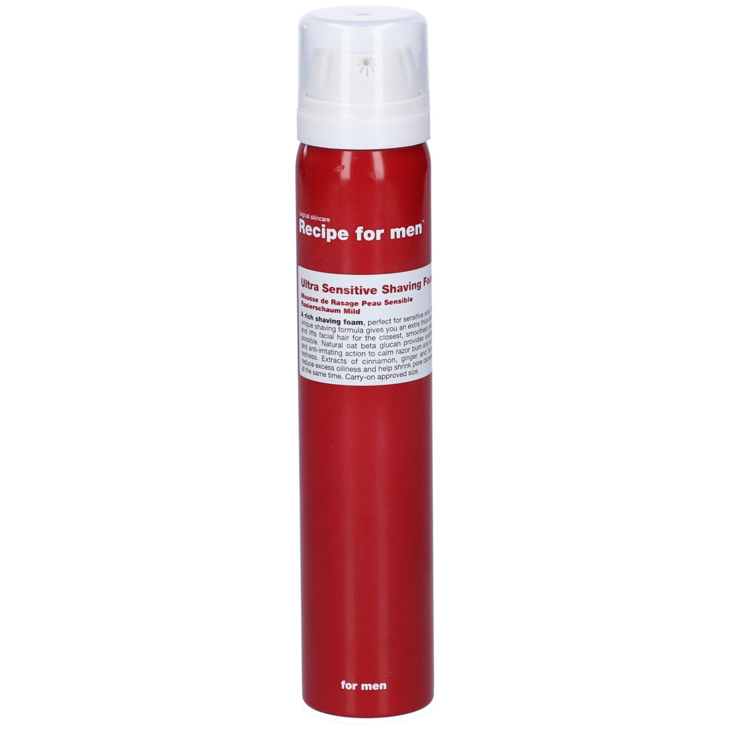 Bomboletta rossa con testa bianca. Scritta: Recipe for men, Ultra Sensitive Shaving Foam.