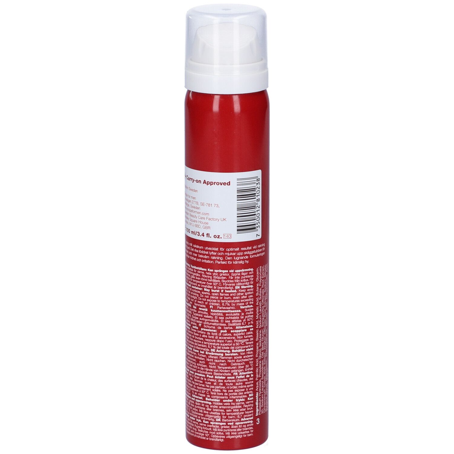 Bomboletta rossa con testa bianca. Retro con testo e codice a barre. Scritta: Carry-on Approved.