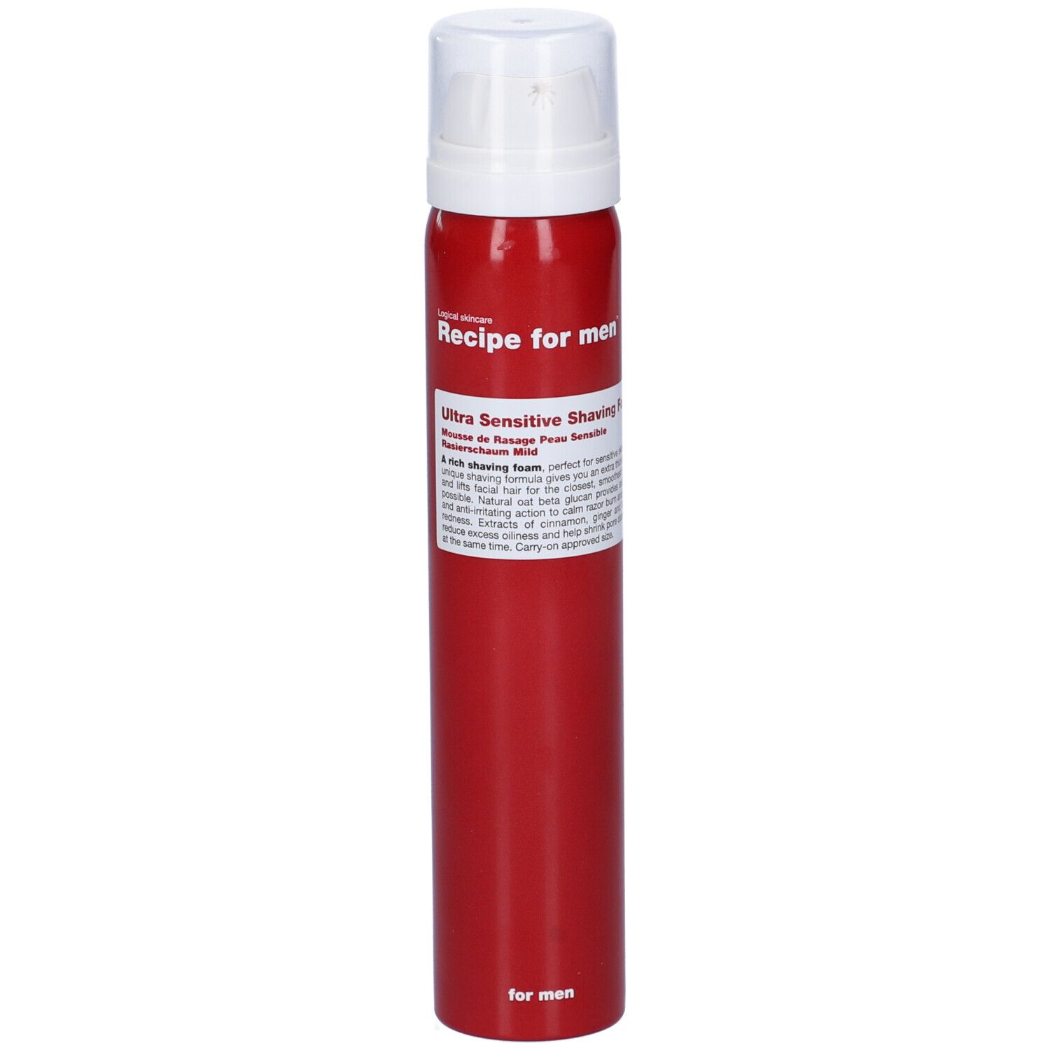 Bomboletta rossa con testa bianca. Scritta: Recipe for men, Ultra Sensitive Shaving Foam.