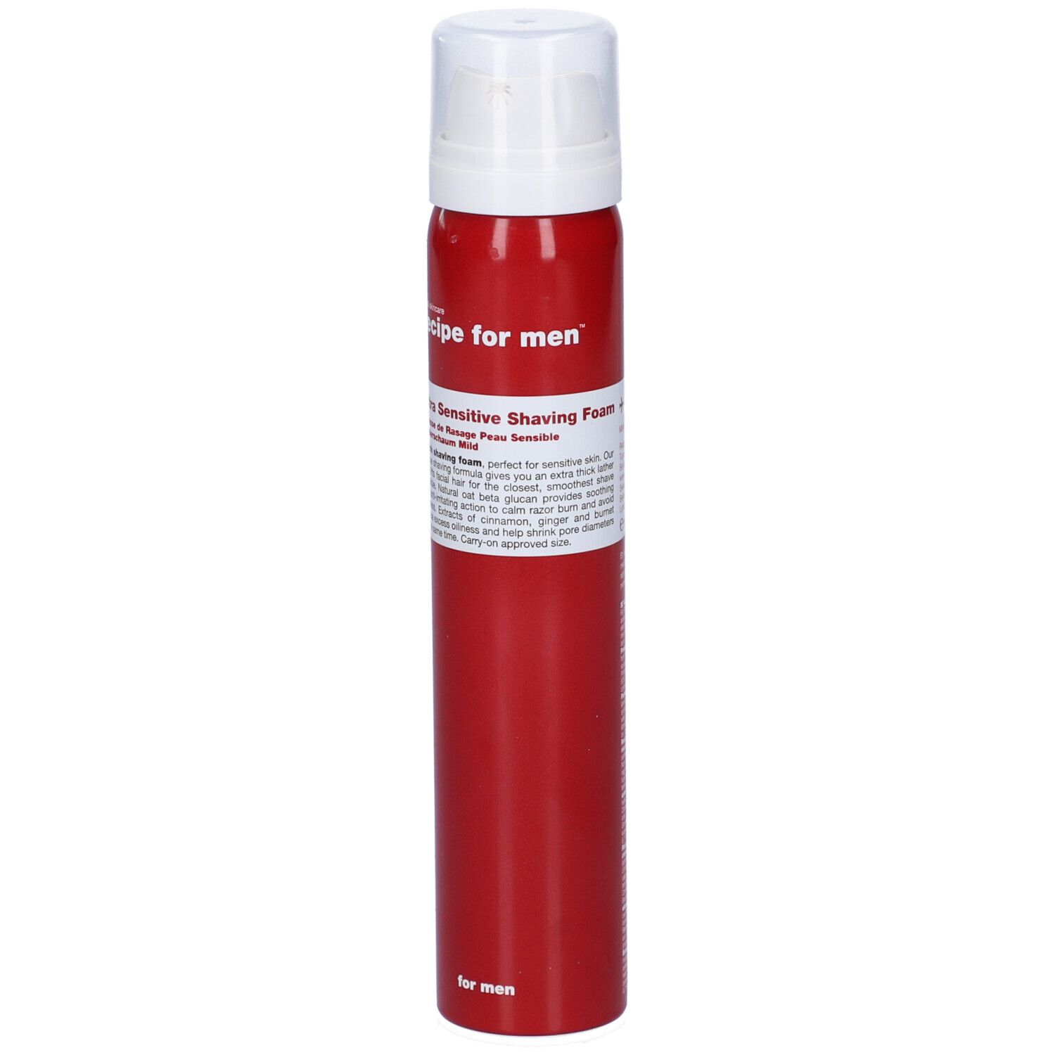 Bomboletta rossa con testa bianca. Scritta: Recipe for men, Ultra Sensitive Shaving Foam.