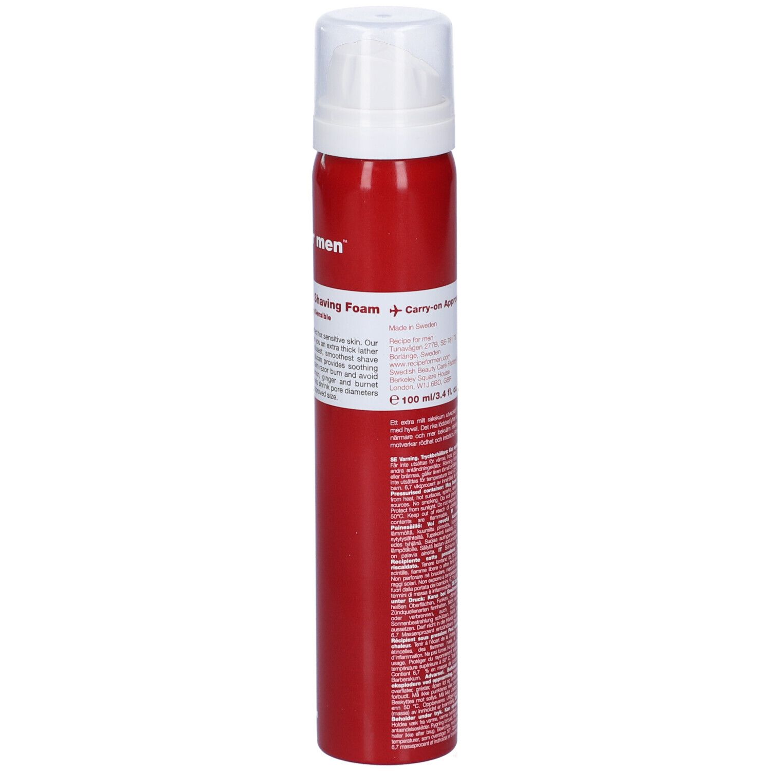 Bomboletta rossa con testa bianca. Scritta: Recipe for men, Ultra Sensitive Shaving Foam, Carry-on Approved.