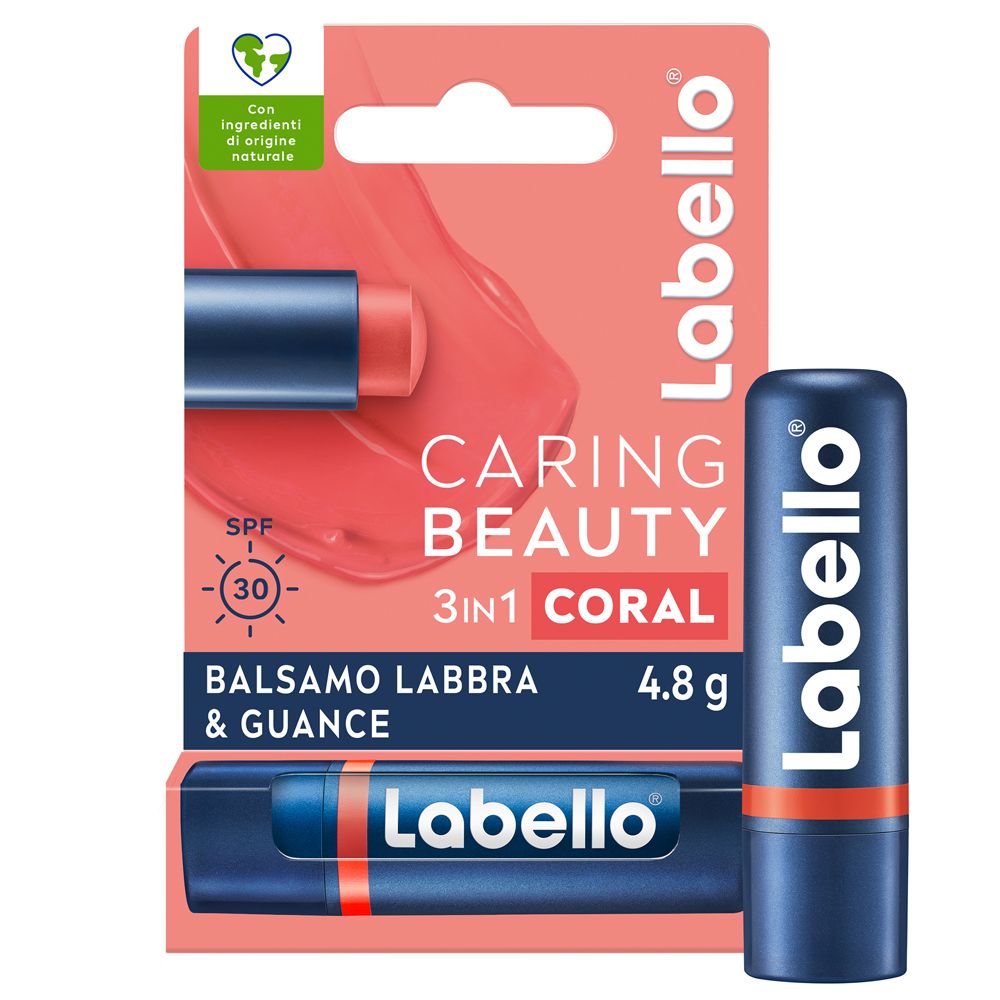 Labello Caring Beauty Balsamo Labbra & Guance Coral. Stick blu, stick corallo. SPF 30. 4,8 g. Confezione.