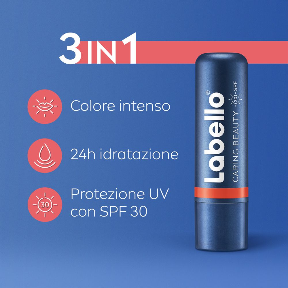 Labello rossetto. Stick blu con SPF 30. 3in1: colore, idratazione, protezione UV. Su sfondo blu.