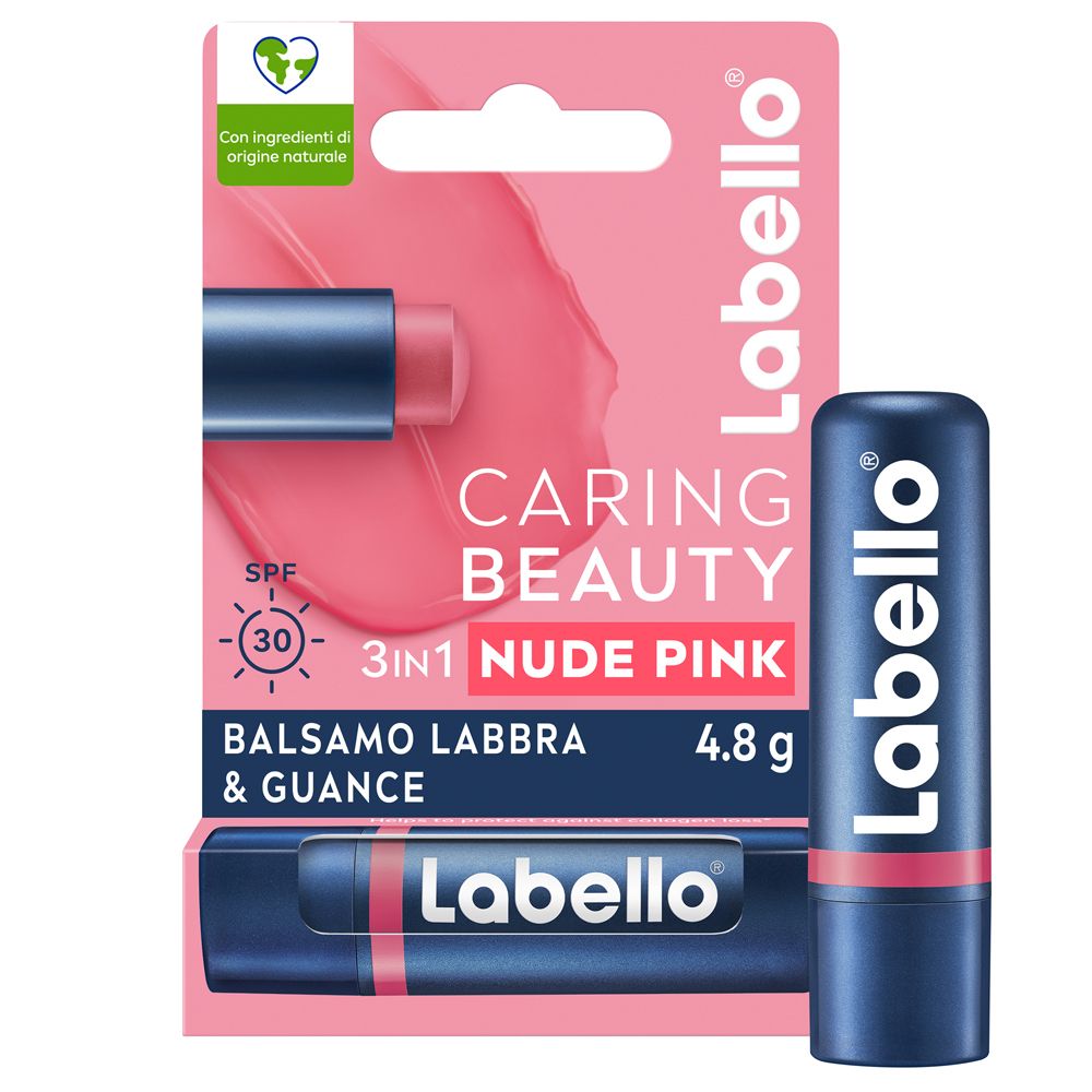 Labello Caring Beauty Lip & Cheek Nude Pink SPF30. Rossetto rosa in confezione. Con SPF30. 4,8 g.