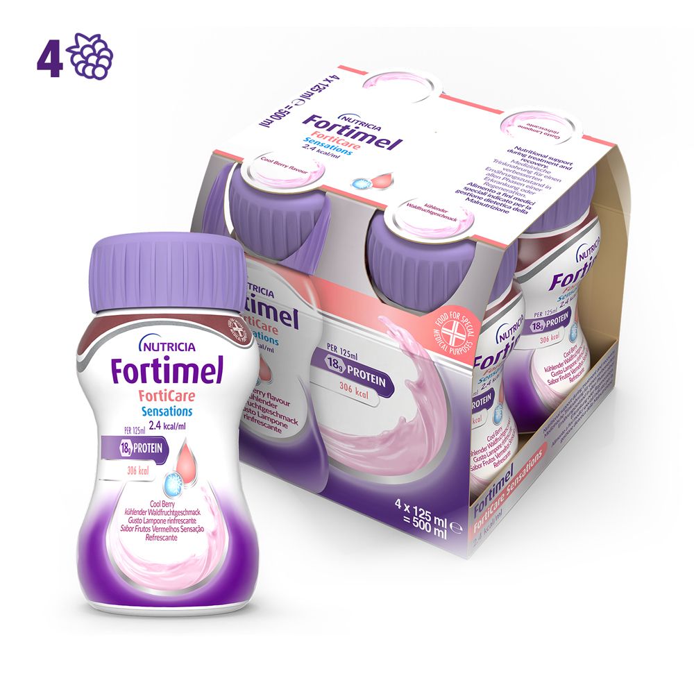 Fortimel Forticare Sensations, Lampone Rinfrescante, Ipercalorico E Iperproteico 4x125ml - Immagine 4