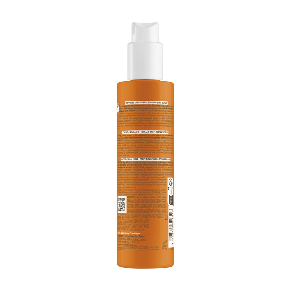 Rückseite der orangefarbenen Flasche. Text in mehreren Sprachen. QR-Code und andere Symbole.